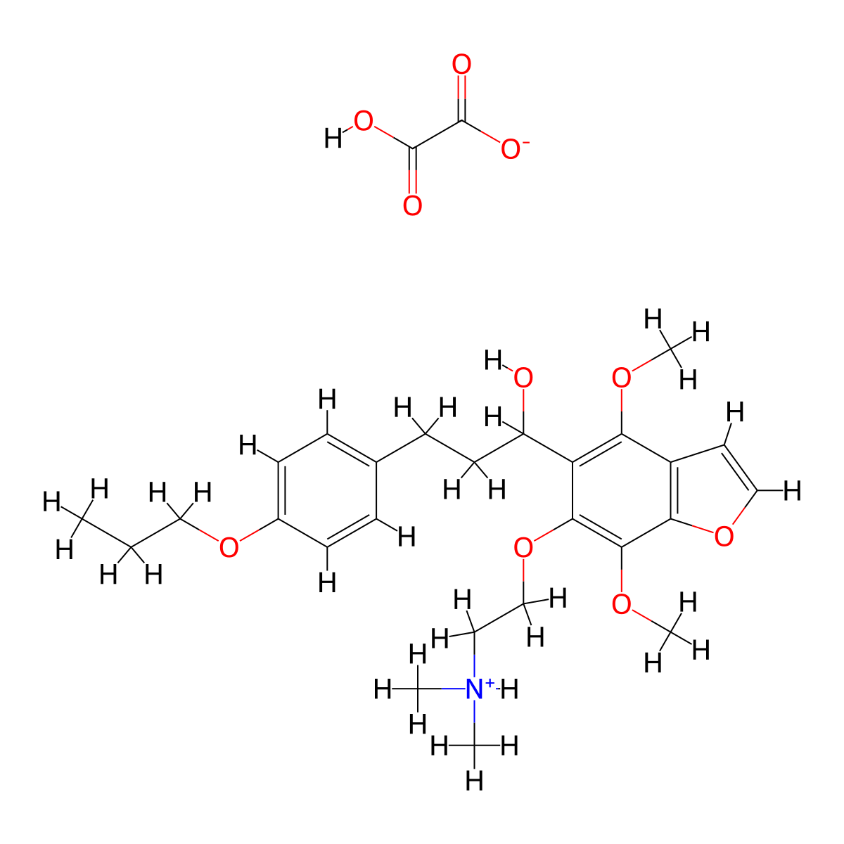 5-benzofuranmethanol, 4,7-dimethoxy-6-(2-(dimethylamino)ethoxy)-alpha-(2-(4-propoxyphenyl)ethyl)-, oxalate (1:1) (salt) molecular structure, CAS 40680-90-8