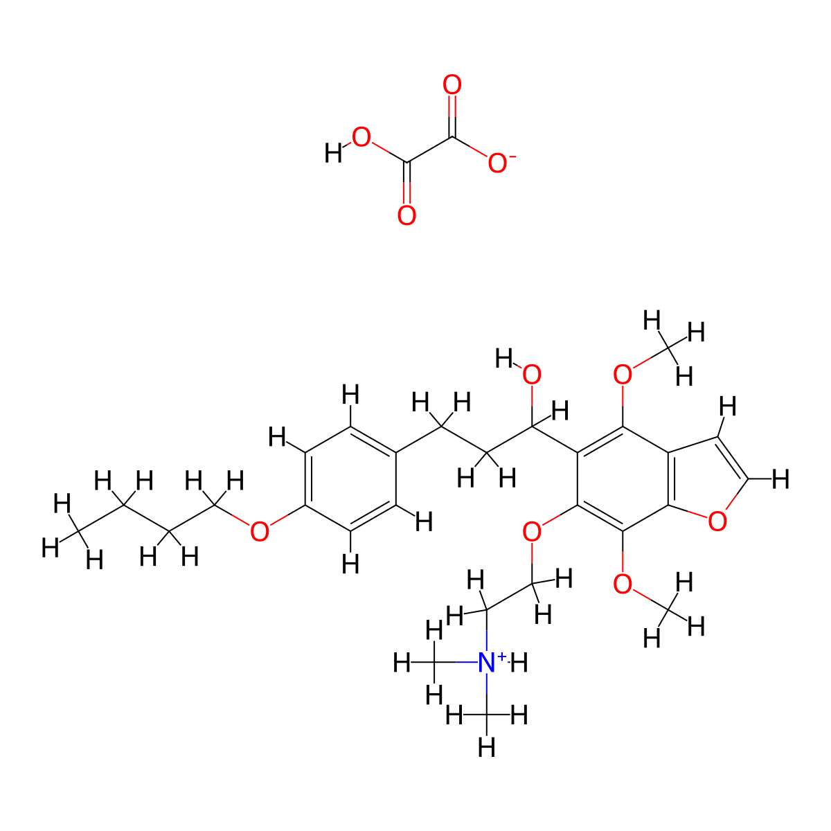 5-benzofuranmethanol, alpha-(2-(4-butoxyphenyl)ethyl)-4,7-dimethoxy-6-(2-(dimethylamino)ethoxy)-, oxalate (1:1) (salt) molecular structure, CAS 40680-91-9