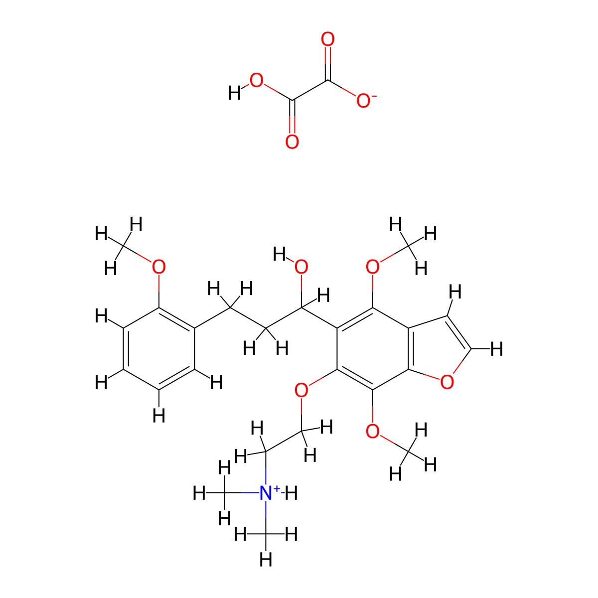 5-benzofuranmethanol, 4,7-dimethoxy-6-(2-(dimethylamino)ethoxy)-alpha-(2-(2-methoxyphenyl)ethyl)-, oxalate (1:1) (salt) molecular structure, CAS 40680-92-0