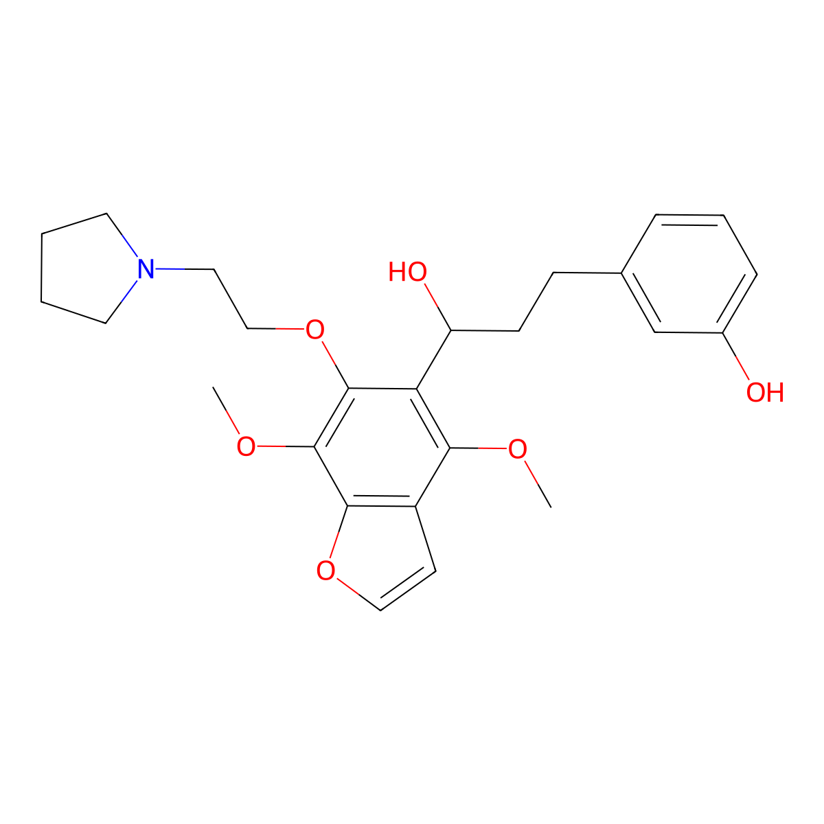 5-Benzofuranmethanol, 4,7-dimethoxy-alpha-(2-(3-hydroxyphenyl)ethyl)-6-(2-(1-pyrrolidinyl)ethoxy)- molecular structure, CAS 40680-99-7