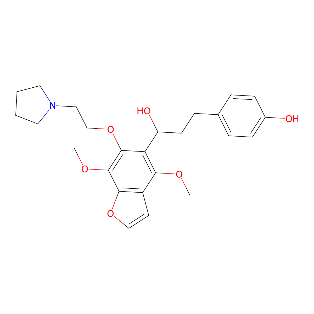 5-Benzofuranmethanol, 4,7-dimethoxy-alpha-(2-(4-hydroxyphenyl)ethyl)-6-(2-(1-pyrrolidinyl)ethoxy)- molecular structure, CAS 40681-00-3