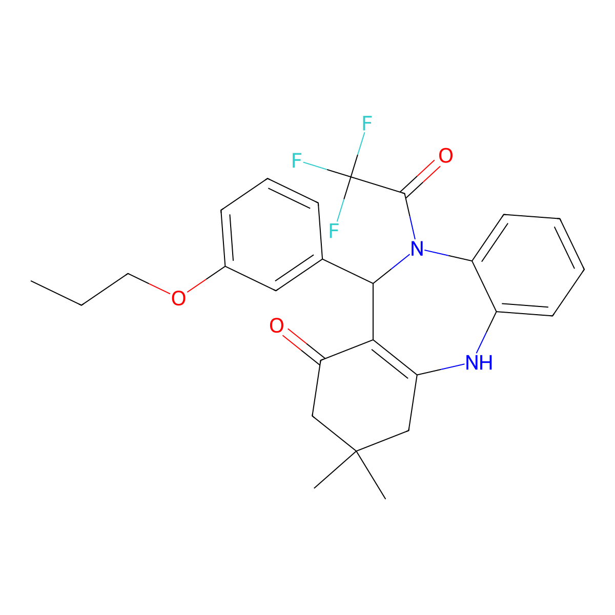 3,3-dimethyl-11-(3-propoxyphenyl)-10-(trifluoroacetyl)-2,3,4,5,10,11-hexahydro-1H-dibenzo[b,e][1,4]diazepin-1-one molecular structure, CAS 406914-67-8