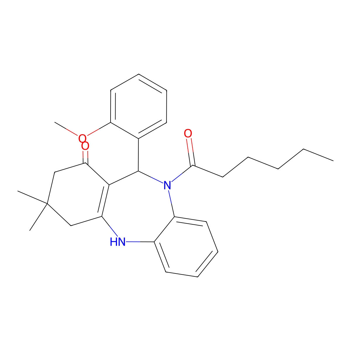 10-hexanoyl-11-(2-methoxyphenyl)-3,3-dimethyl-2,3,4,5,10,11-hexahydro-1H-dibenzo[b,e][1,4]diazepin-1-one molecular structure, CAS 406914-79-2