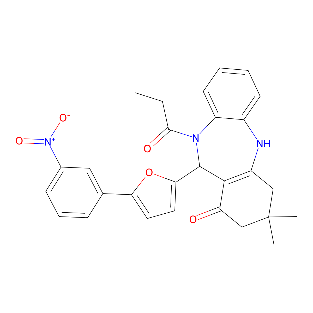9,9-Dimethyl-6-[5-(3-nitrophenyl)furan-2-yl]-5-propanoyl-6,8,10,11-tetrahydrobenzo[b][1,4]benzodiazepin-7-one molecular structure, CAS 406914-81-6