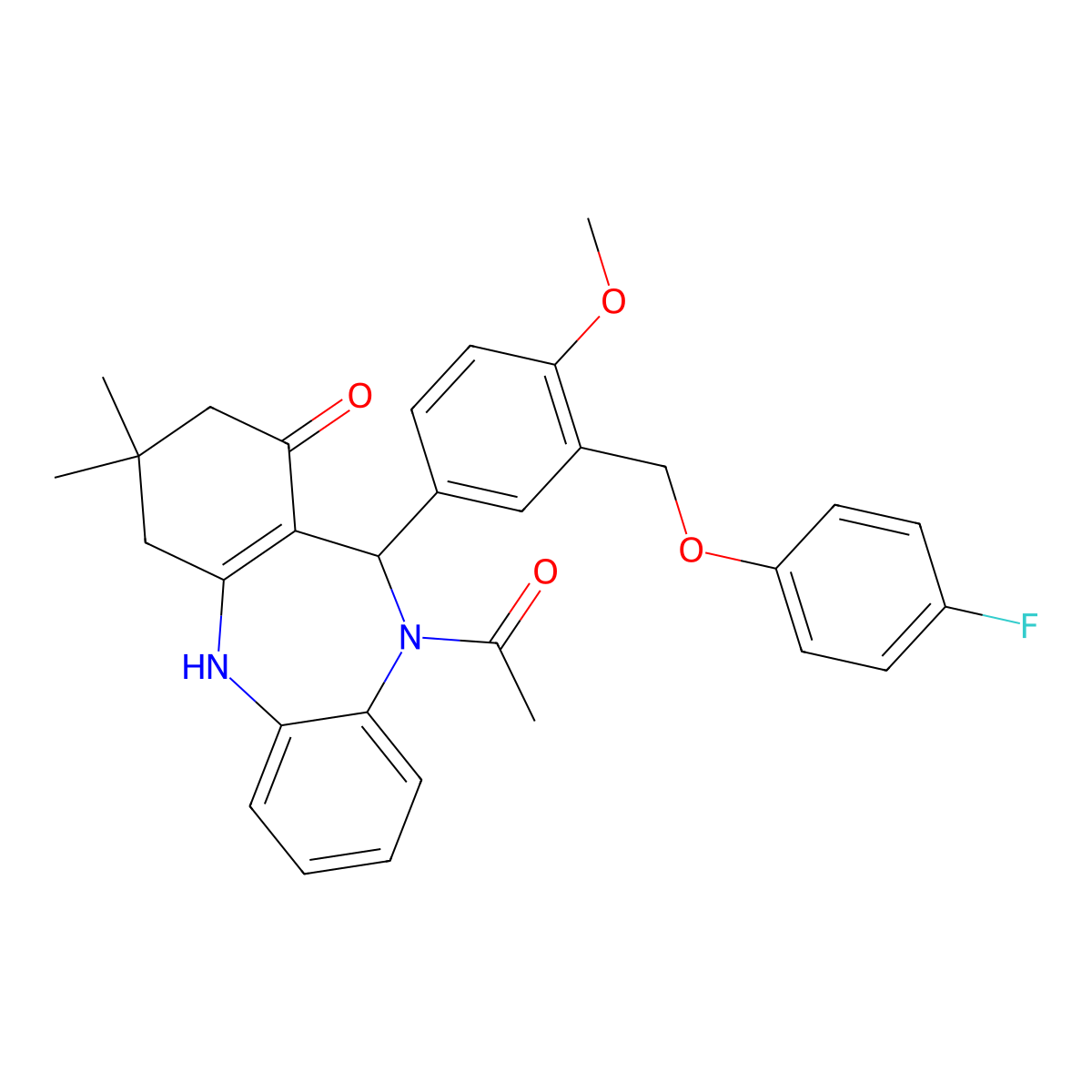 5-Acetyl-6-[3-[(4-fluorophenoxy)methyl]-4-methoxyphenyl]-9,9-dimethyl-6,8,10,11-tetrahydrobenzo[b][1,4]benzodiazepin-7-one molecular structure, CAS 406914-90-7