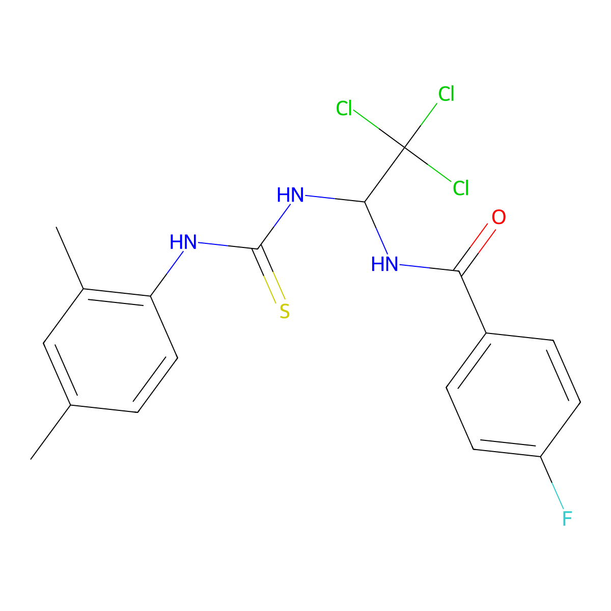4-fluoro-N-(2,2,2-trichloro-1-{[(2,4-dimethylanilino)carbothioyl]amino}ethyl)benzamide molecular structure, CAS 406915-34-2