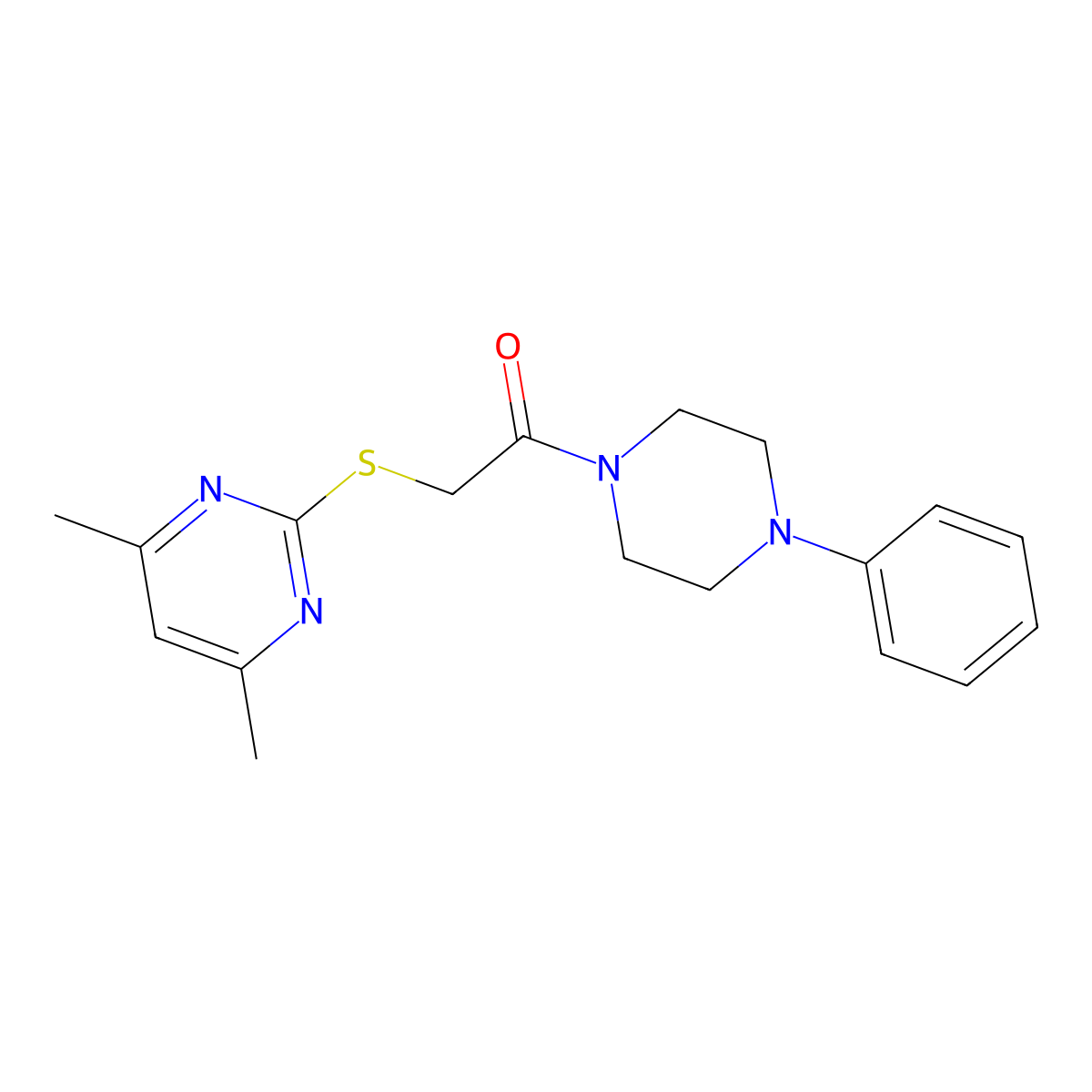 2-(4,6-Dimethylpyrimidin-2-yl)sulfanyl-1-(4-phenylpiperazin-1-yl)ethanone molecular structure, CAS 406918-74-9