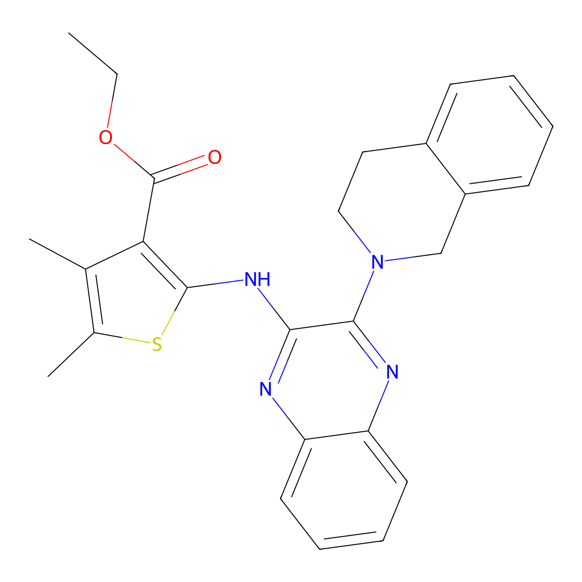 Ethyl 4,5-dimethyl-2-{[3-(1,2,3,4-tetrahydroisoquinolin-2-yl)quinoxalin-2-yl]amino}thiophene-3-carboxylate molecular structure, CAS 406923-32-8
