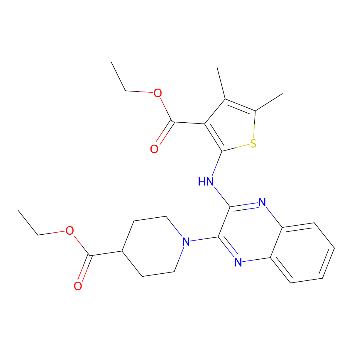 Ethyl 1-(3-{[3-(ethoxycarbonyl)-4,5-dimethylthiophen-2-yl]amino}quinoxalin-2-yl)piperidine-4-carboxylate molecular structure, CAS 406923-36-2