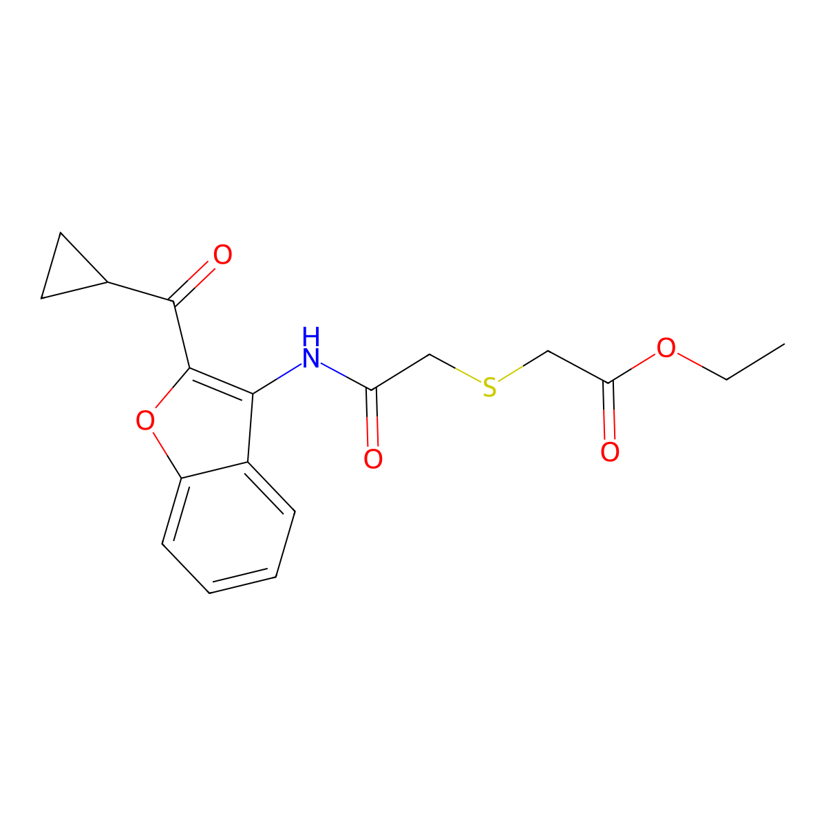 Ethyl [(2-{[2-(cyclopropylcarbonyl)-1-benzofuran-3-yl]amino}-2-oxoethyl)sulfanyl]acetate molecular structure, CAS 406929-35-9