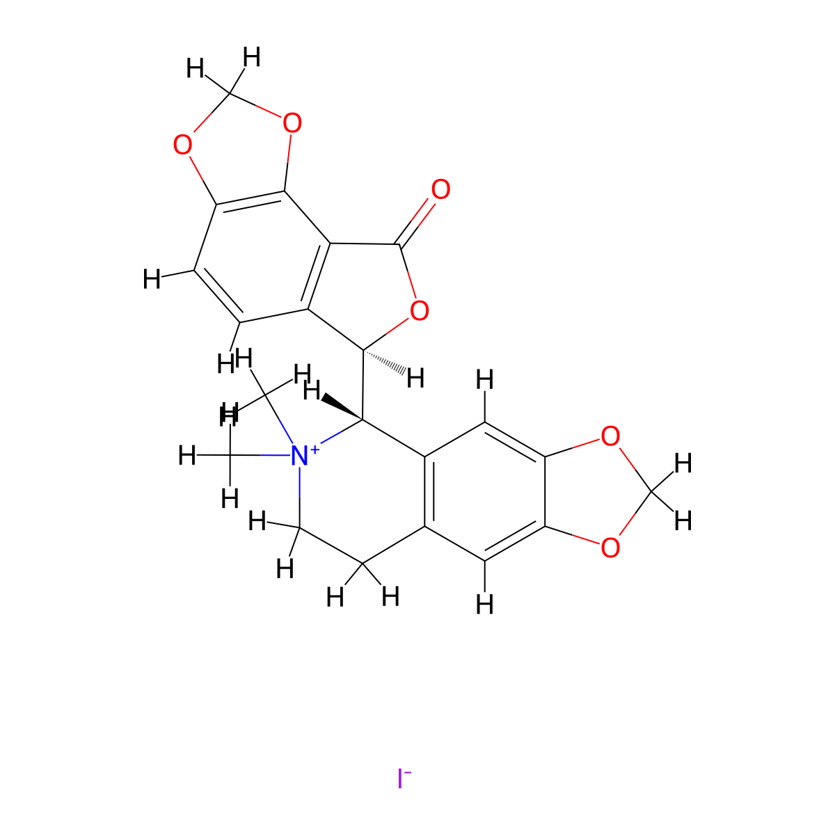 1,3-Dioxolo(4,5-g)isoquinolinium, 5-((6R)-6,8-dihydro-8-oxofuro(3,4-e)-1,3-benzodioxol-6-yl)-5,6,7,8-tetrahydro-6,6-dimethyl-, iodide (1:1), (5S)- molecular structure, CAS 40709-69-1