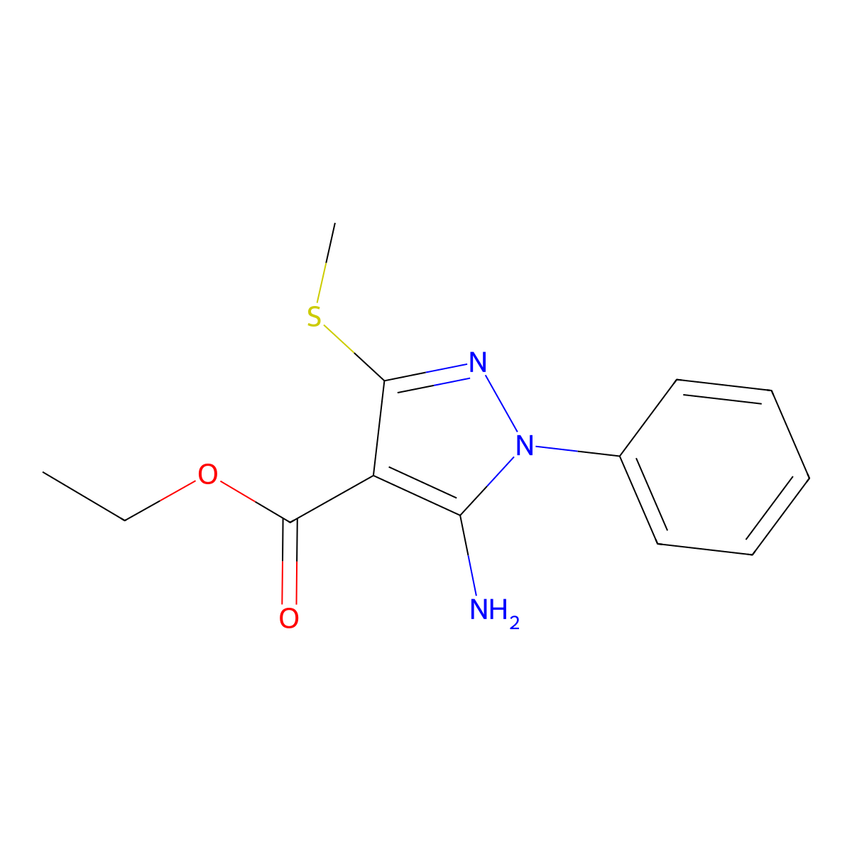 Ethyl 5-amino-3-(methylthio)-1-phenyl-1H-pyrazole-4-carboxylate molecular structure, CAS 40745-03-7
