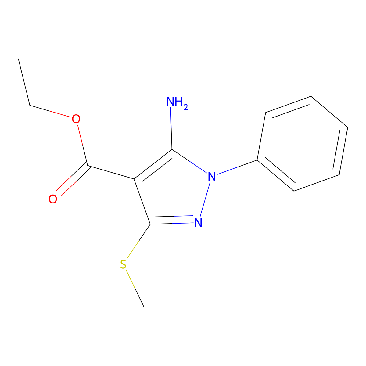 Ethyl 5-amino-3-(methylthio)-1-phenyl-1H-pyrazole-4-carboxylate molecular structure, CAS 40745-03-7