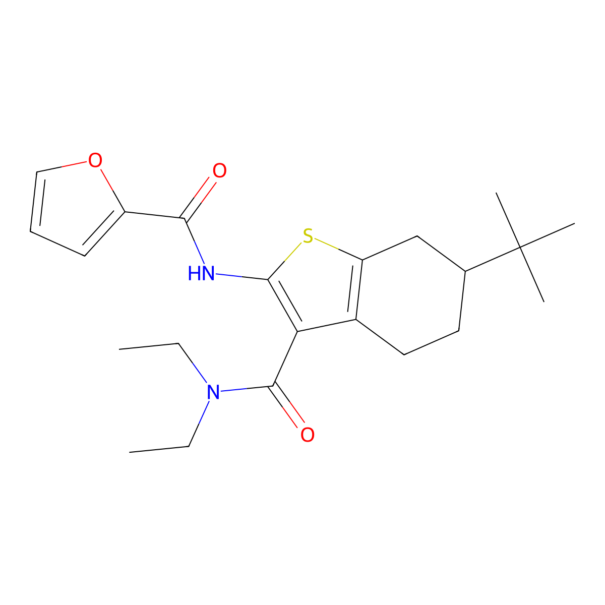 N-[6-tert-butyl-3-(diethylcarbamoyl)-4,5,6,7-tetrahydro-1-benzothiophen-2-yl]furan-2-carboxamide molecular structure, CAS 407584-77-4