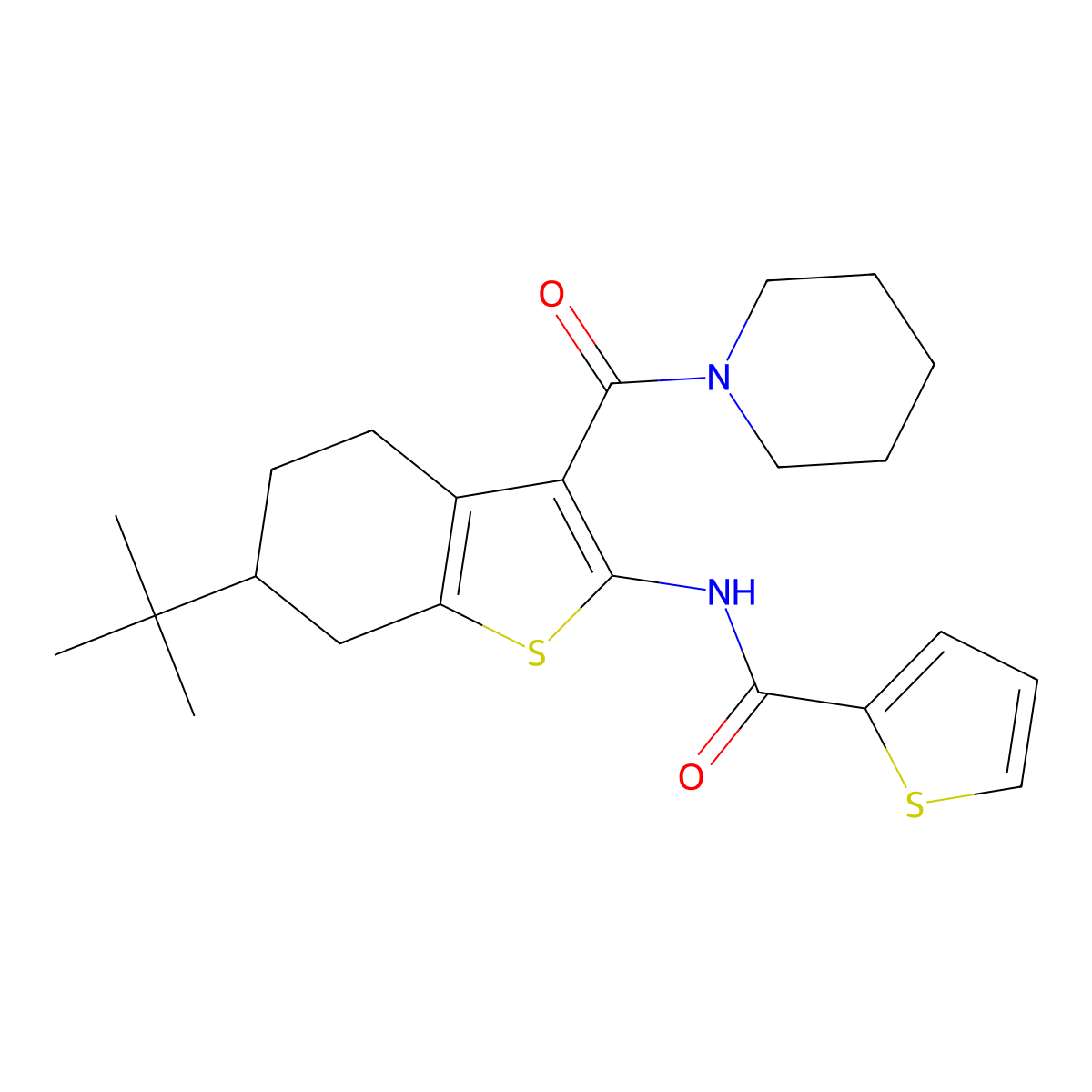 N-[6-tert-butyl-3-(piperidine-1-carbonyl)-4,5,6,7-tetrahydro-1-benzothiophen-2-yl]thiophene-2-carboxamide molecular structure, CAS 407585-21-1