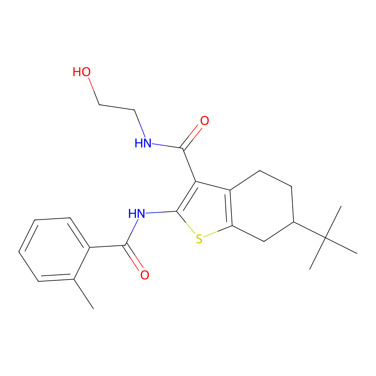 6-tert-butyl-N-(2-hydroxyethyl)-2-[(2-methylbenzoyl)amino]-4,5,6,7-tetrahydro-1-benzothiophene-3-carboxamide molecular structure, CAS 407586-61-2