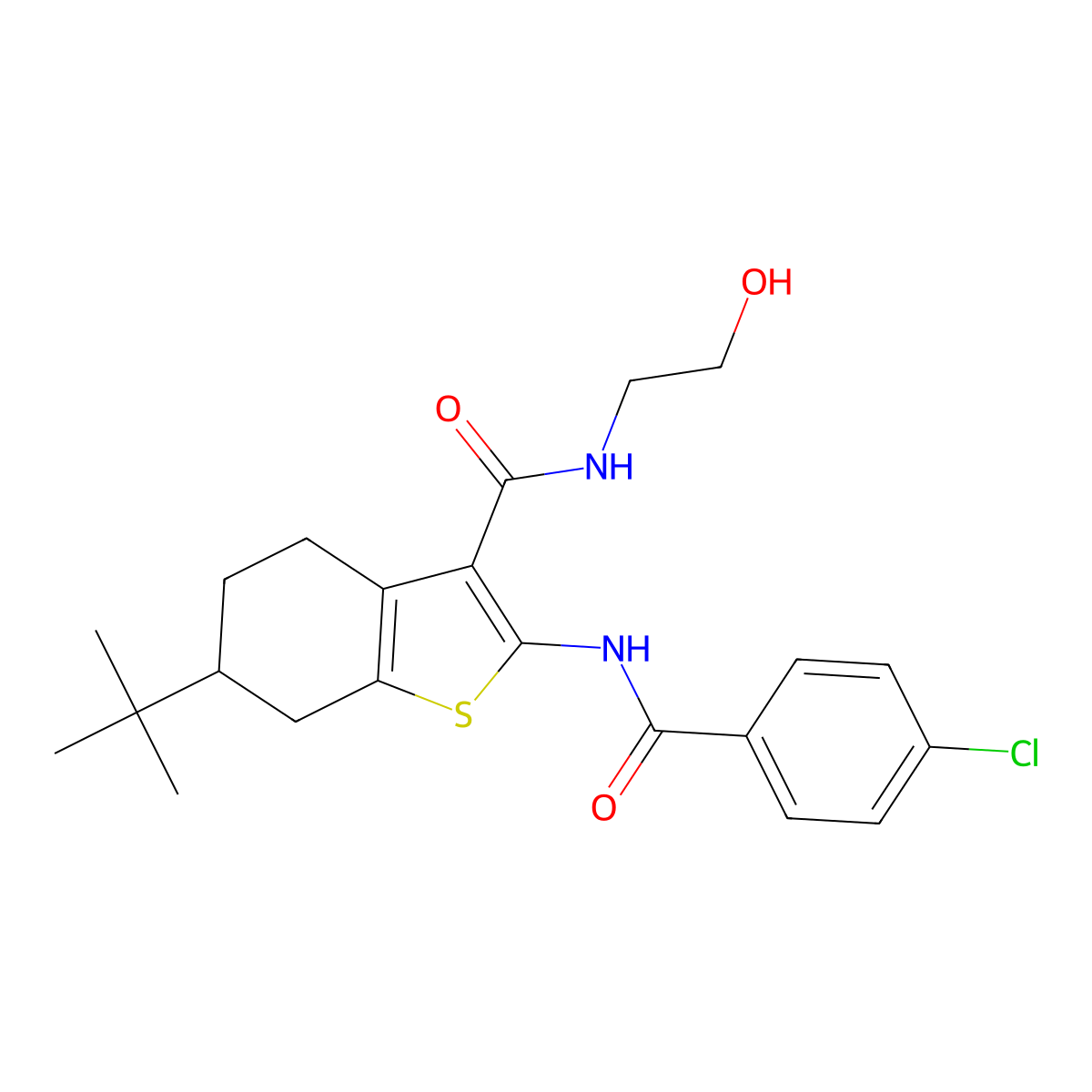 6-tert-butyl-2-[(4-chlorobenzoyl)amino]-N-(2-hydroxyethyl)-4,5,6,7-tetrahydro-1-benzothiophene-3-carboxamide molecular structure, CAS 407586-69-0