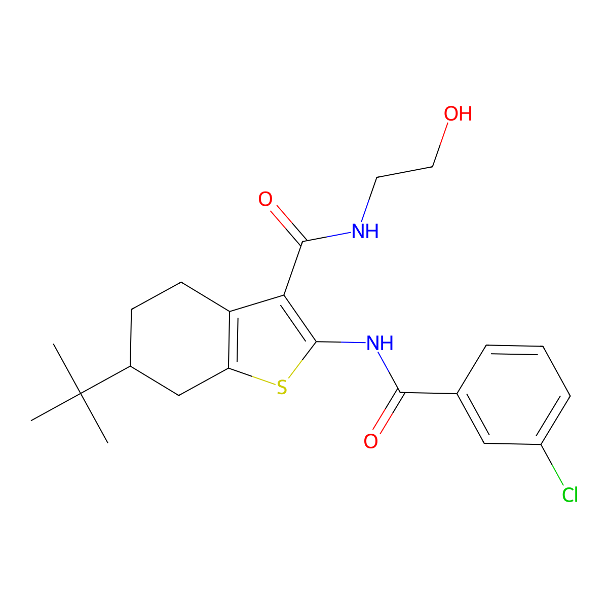 6-tert-butyl-2-[(3-chlorobenzoyl)amino]-N-(2-hydroxyethyl)-4,5,6,7-tetrahydro-1-benzothiophene-3-carboxamide molecular structure, CAS 407586-75-8