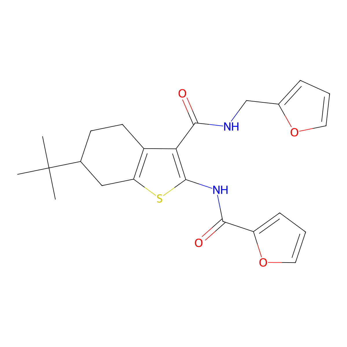N-[6-tert-butyl-3-(furan-2-ylmethylcarbamoyl)-4,5,6,7-tetrahydro-1-benzothiophen-2-yl]furan-2-carboxamide molecular structure, CAS 407587-09-1