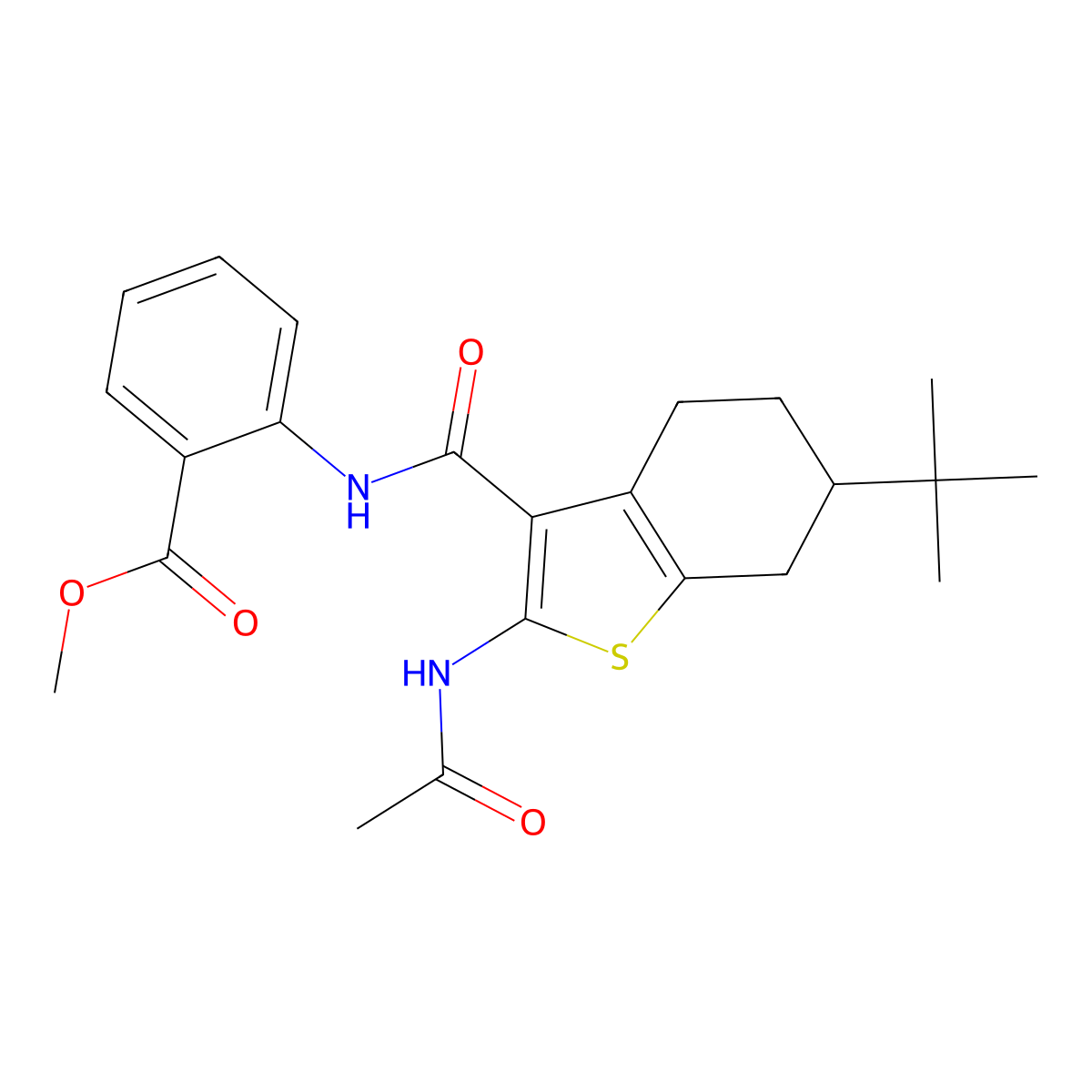 Methyl 2-[(2-acetamido-6-tert-butyl-4,5,6,7-tetrahydro-1-benzothiophene-3-carbonyl)amino]benzoate molecular structure, CAS 407593-38-8