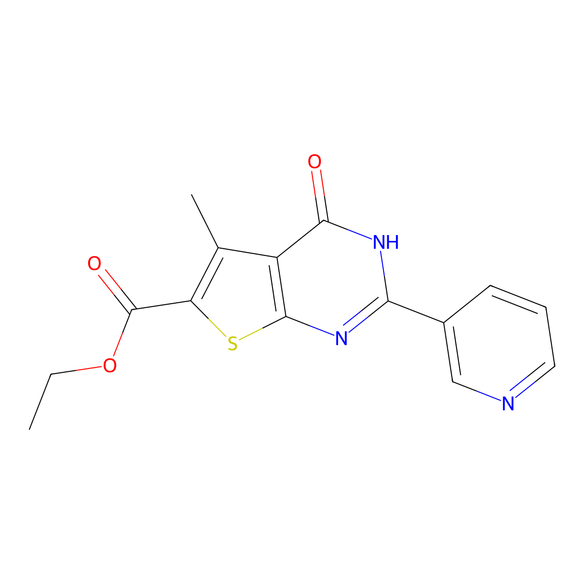 Ethyl 5-methyl-4-oxo-2-(3-pyridinyl)-3,4-dihydrothieno[2,3-d]pyrimidine-6-carboxylate molecular structure, CAS 408323-92-2