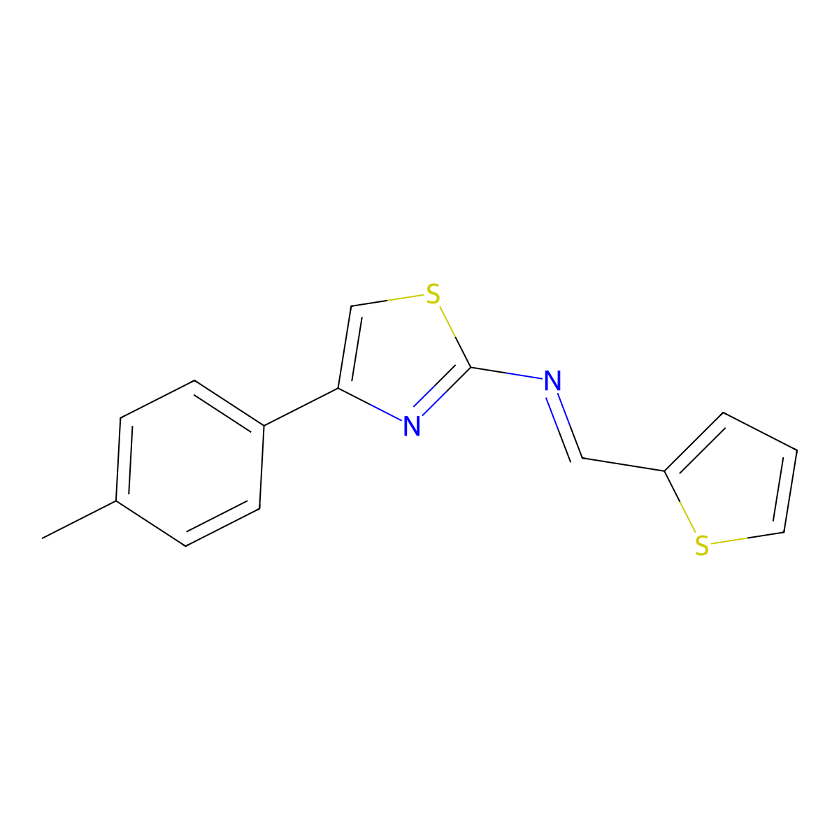 N-[4-(4-Methylphenyl)-1,3-thiazol-2-yl]-1-(thiophen-2-yl)methanimine molecular structure, CAS 4087-76-7