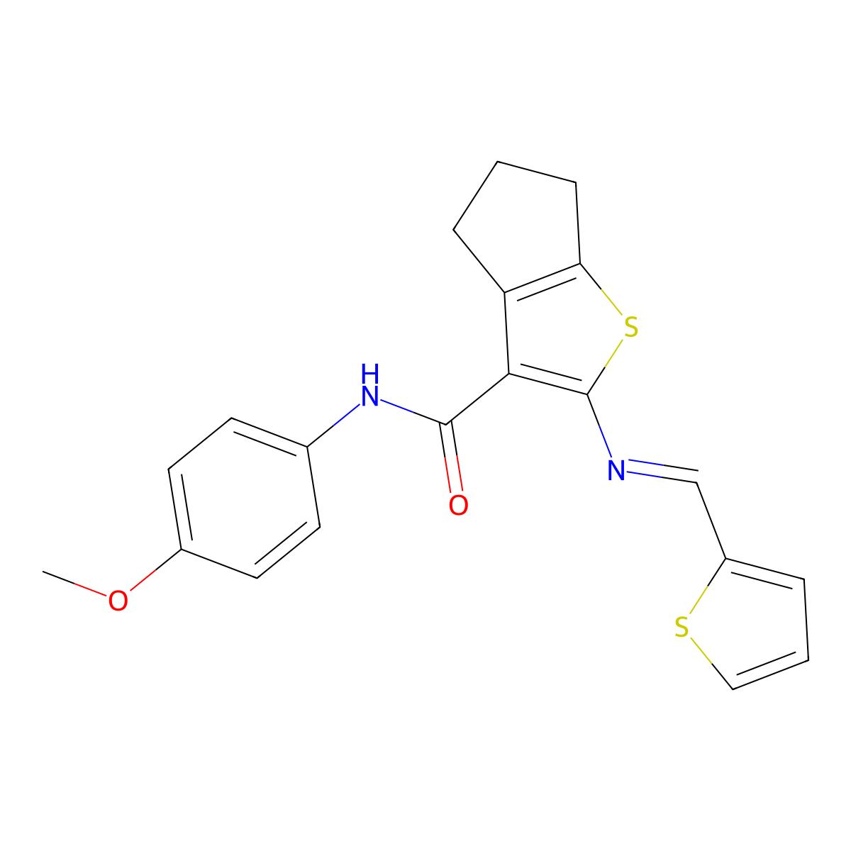 5,6-Dihydro-N-(4-methoxyphenyl)-2-[(2-thienylmethylene)amino]-4H-cyclopenta[b]thiophene-3-carboxamide molecular structure, CAS 409076-05-7