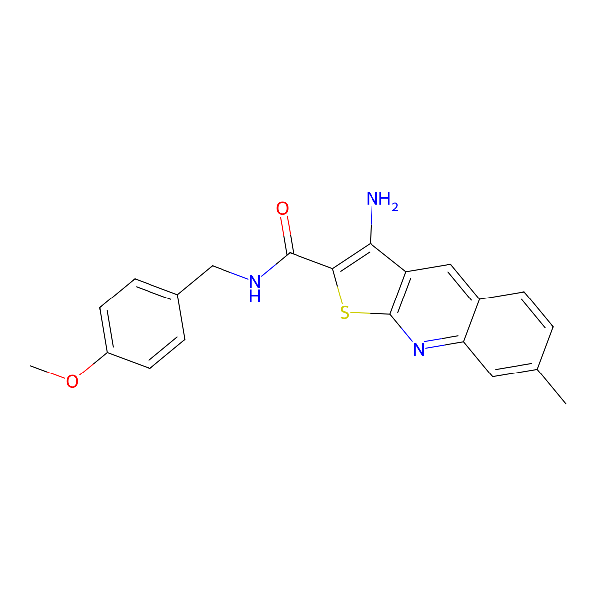 3-amino-N-[(4-methoxyphenyl)methyl]-7-methylthieno[2,3-b]quinoline-2-carboxamide molecular structure, CAS 409351-30-0