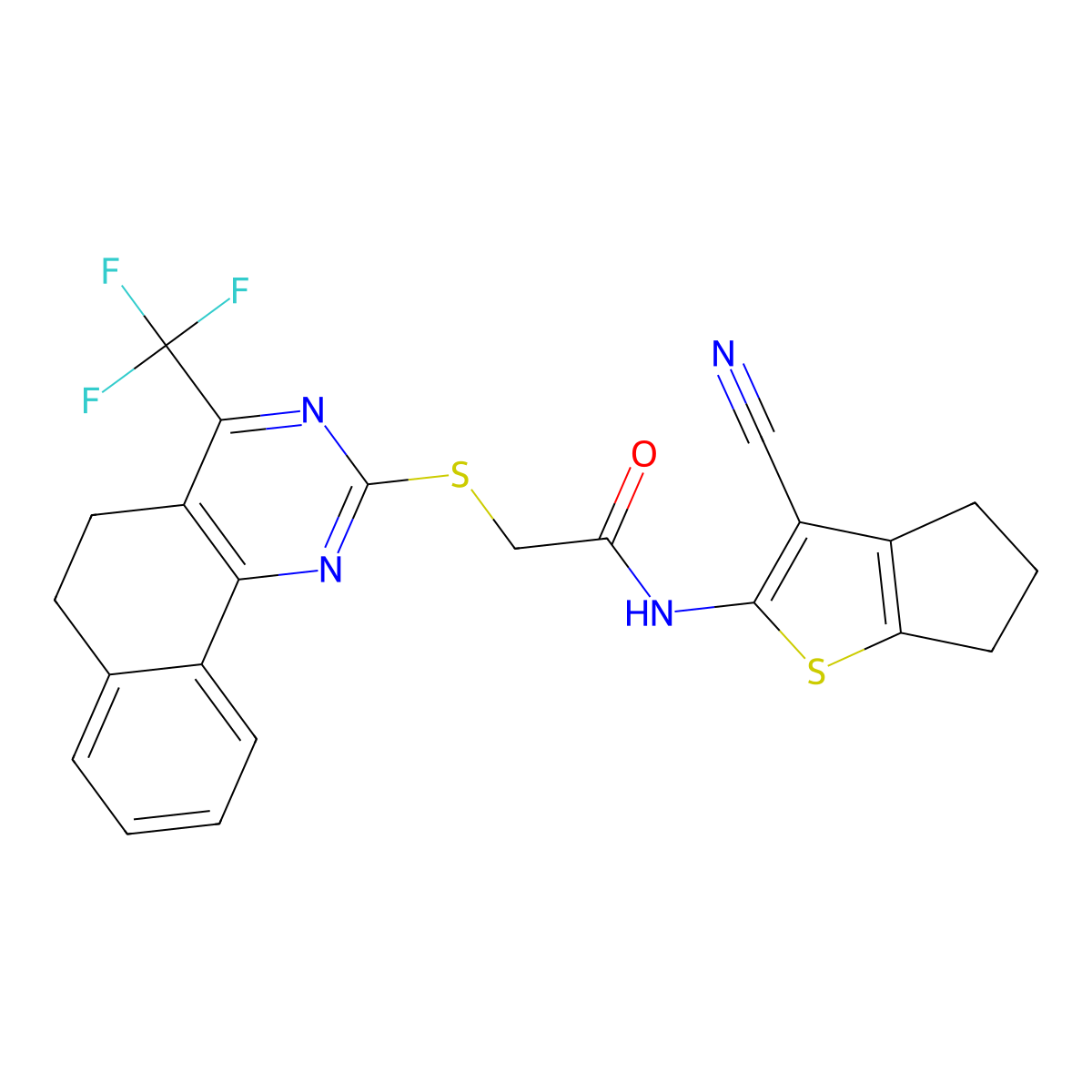 N-(3-cyano-5,6-dihydro-4H-cyclopenta[b]thiophen-2-yl)-2-[[4-(trifluoromethyl)-5,6-dihydrobenzo[h]quinazolin-2-yl]sulfanyl]acetamide molecular structure, CAS 409352-12-1