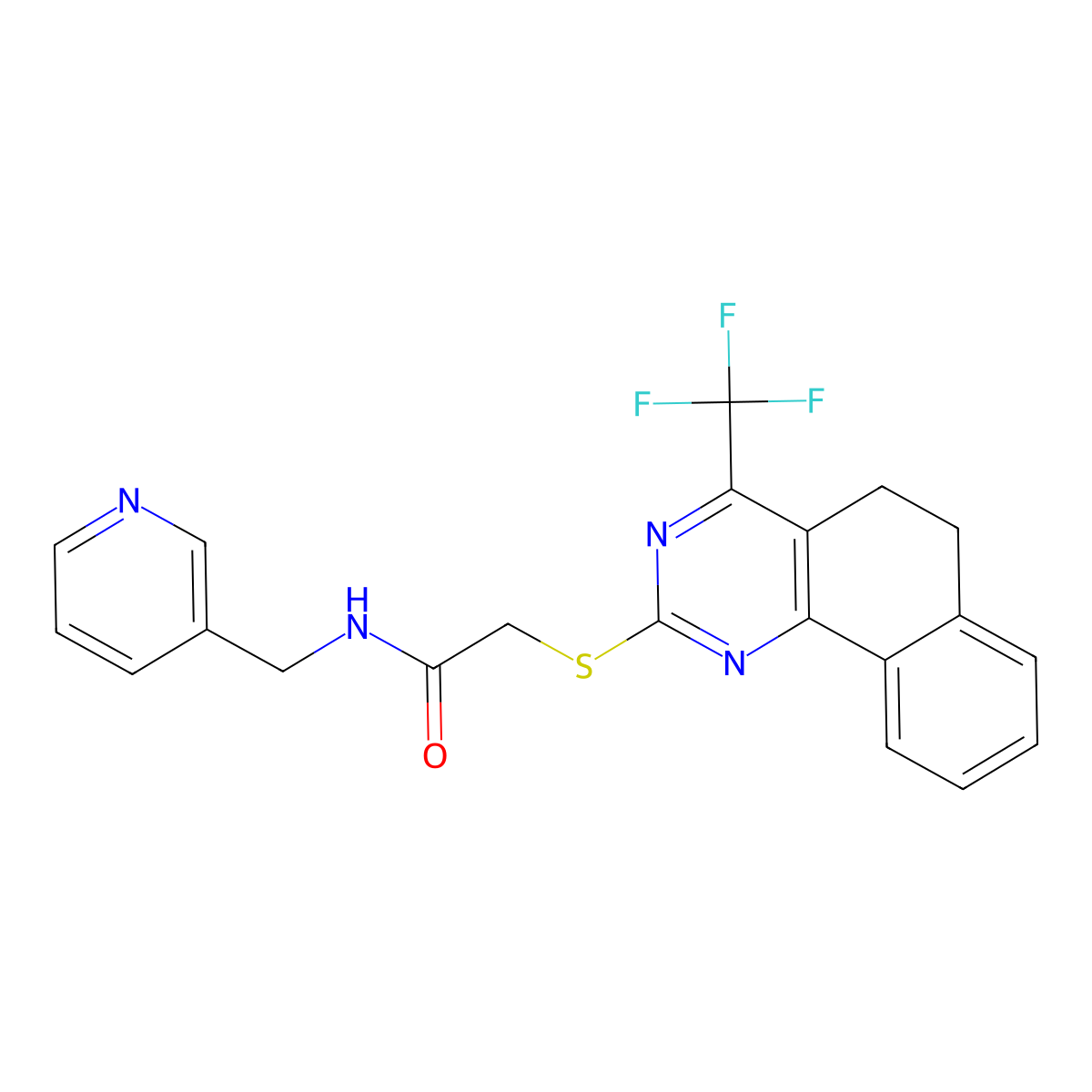 N-(pyridin-3-ylmethyl)-2-[[4-(trifluoromethyl)-5,6-dihydrobenzo[h]quinazolin-2-yl]sulfanyl]acetamide molecular structure, CAS 409352-17-6