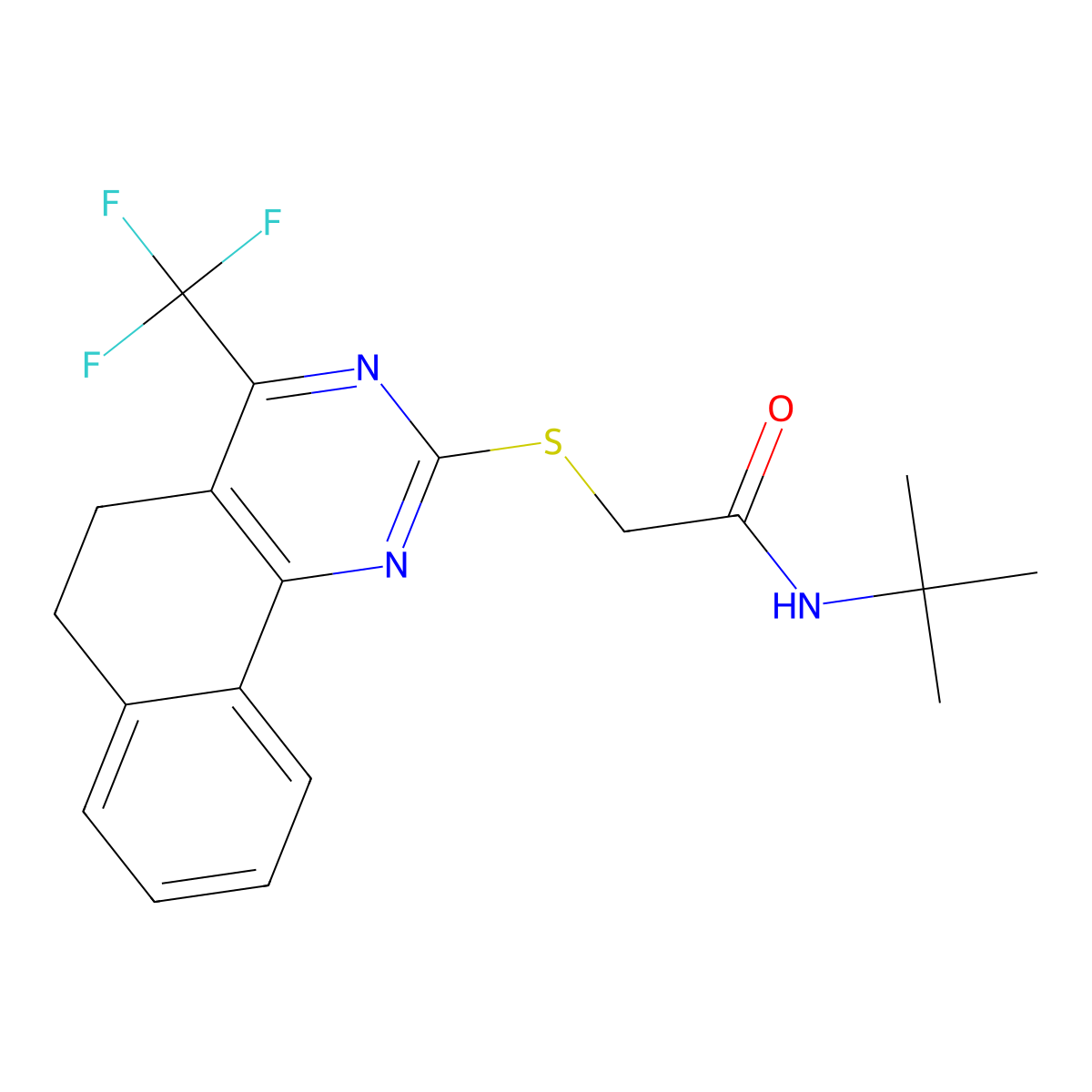 N-tert-butyl-2-[[4-(trifluoromethyl)-5,6-dihydrobenzo[h]quinazolin-2-yl]sulfanyl]acetamide molecular structure, CAS 409352-84-7