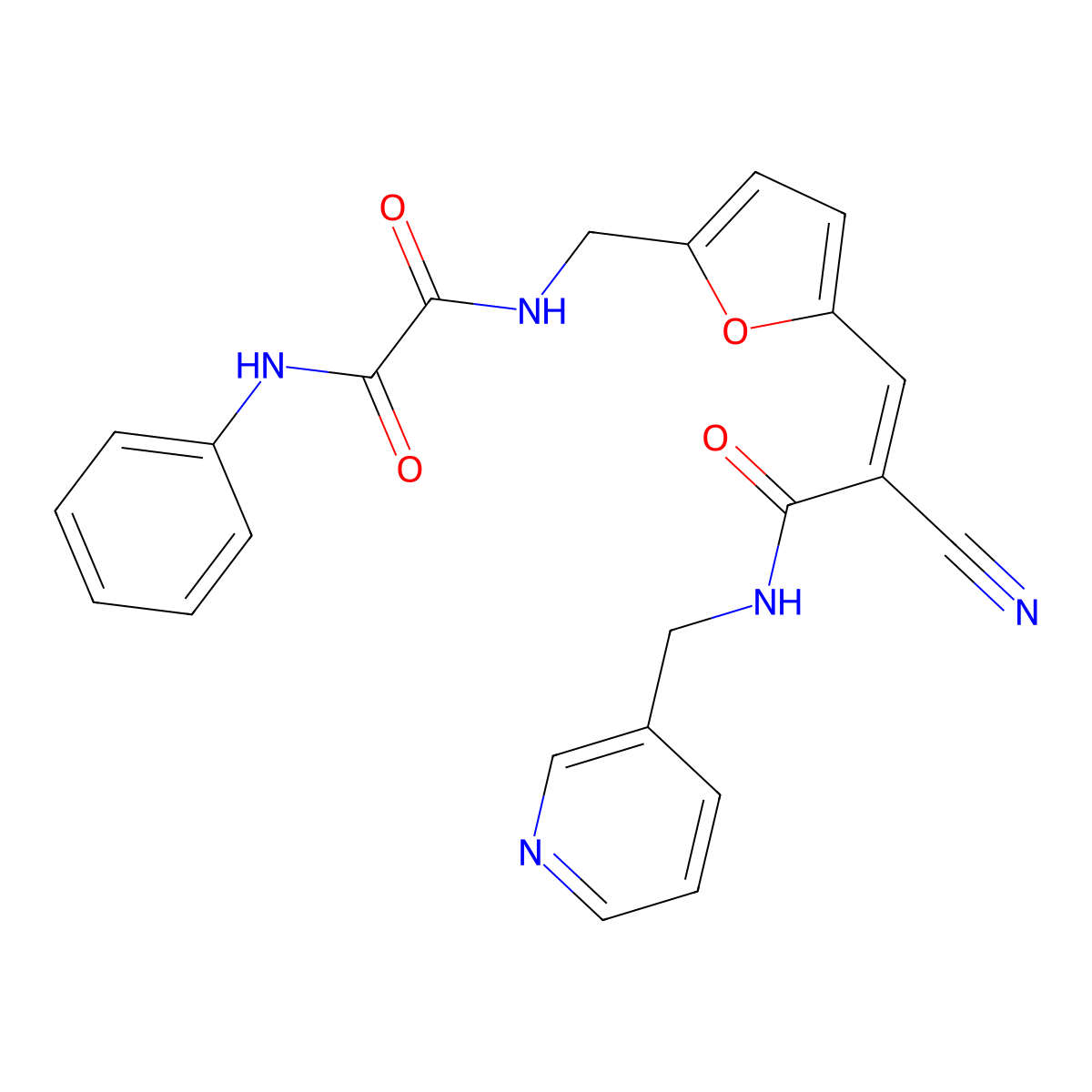 N1-[[5-[2-Cyano-3-oxo-3-[(3-pyridinylmethyl)amino]-1-propen-1-yl]-2-furanyl]methyl]-N2-phenylethanediamide molecular structure, CAS 409353-46-4