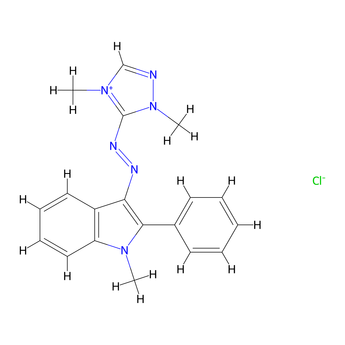 3H-Indolium, 3-(2-(2,4-dihydro-2,4-dimethyl-3H-1,2,4-triazol-3-ylidene)hydrazinylidene)-1-methyl-2-phenyl-, chloride (1:1) molecular structure, CAS 41025-67-6