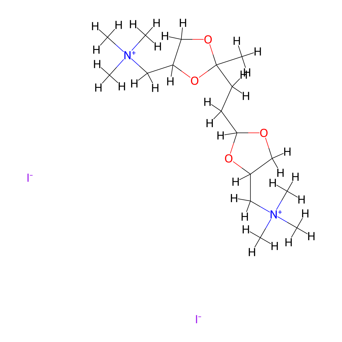 Ammonium, (2-methyl-2-(2-(4-(trimethylammoniomethyl)2-dioxolanyl)ethyl)-4-dioxolanylmethyl)trimethyl-, diiodide molecular structure, CAS 41040-70-4