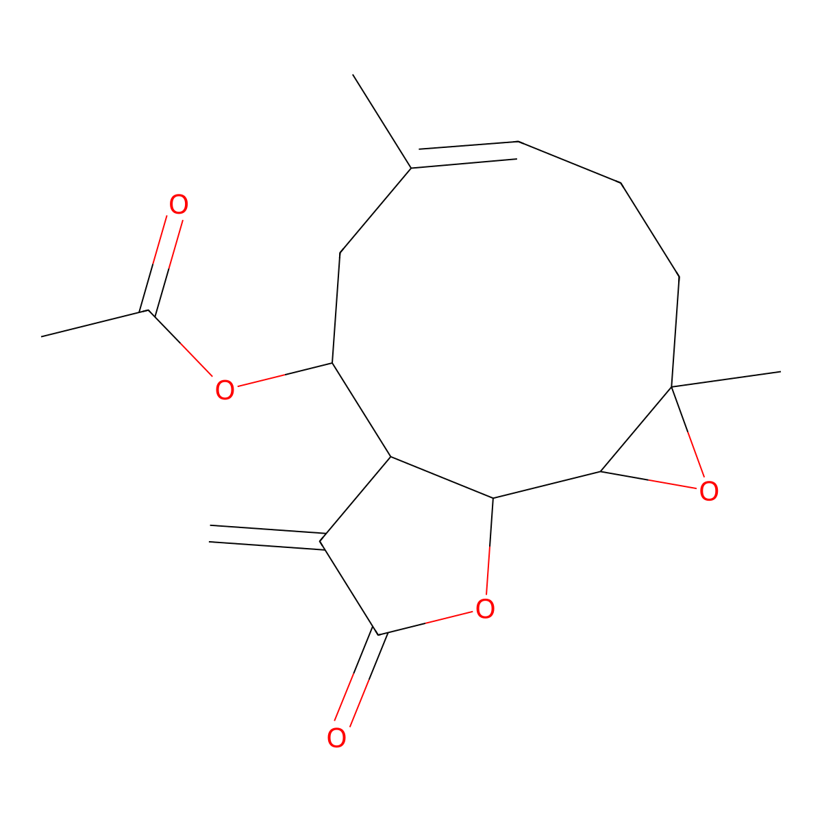 (4,8-Dimethyl-12-methylidene-13-oxo-3,14-dioxatricyclo[9.3.0.02,4]tetradec-7-en-10-yl) acetate molecular structure, CAS 41059-80-7