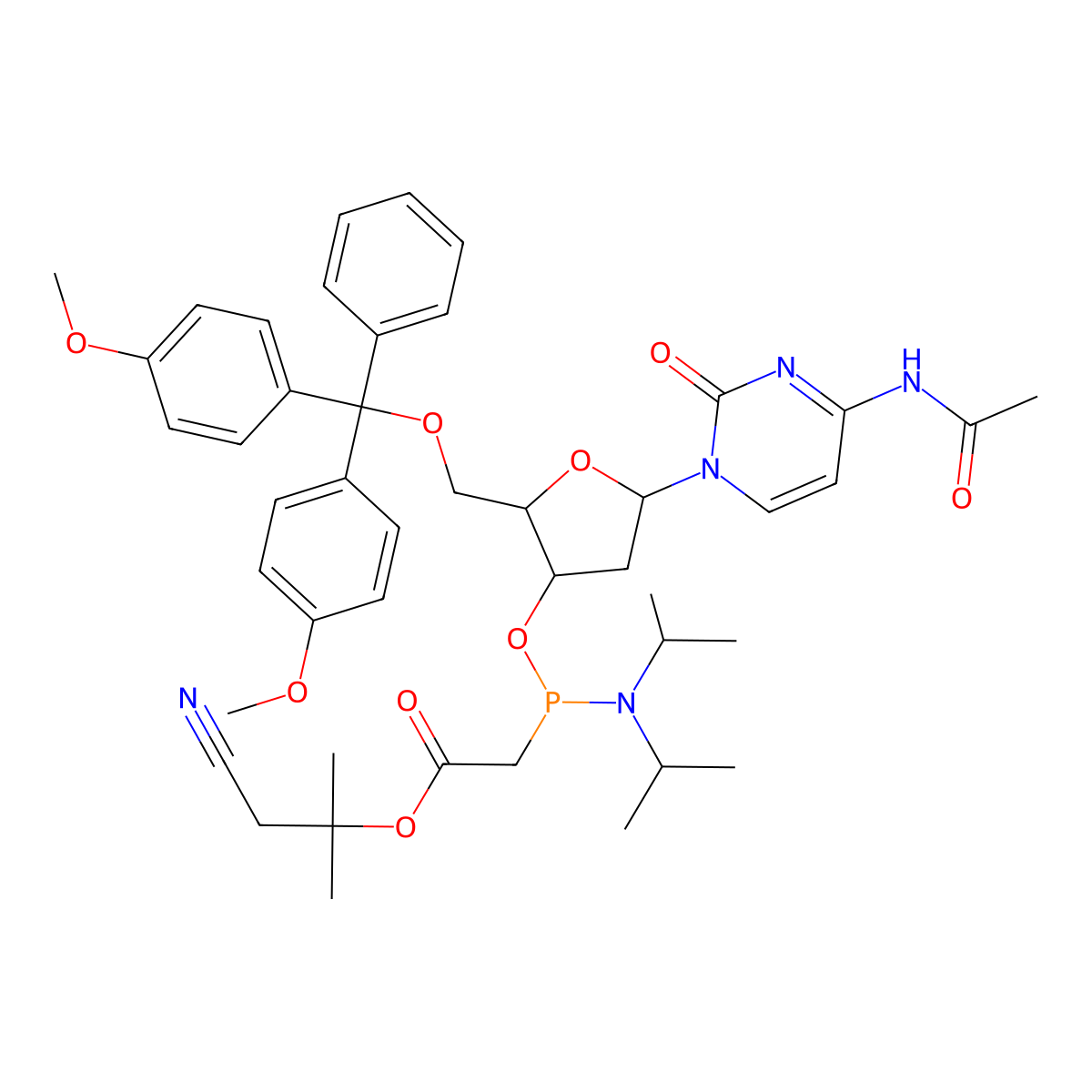 1-cyano-2-methylpropan-2-yl 2-({[(2R,3S,5R)-2-{[bis(4-methoxyphenyl)(phenyl)methoxy]methyl}-5-(4-acetamido-2-oxo-1,2-dihydropyrimidin-1-yl)oxolan-3-yl]oxy}[bis(propan-2-yl)amino]phosphanyl)acetate molecular structure, CAS 411234-22-5