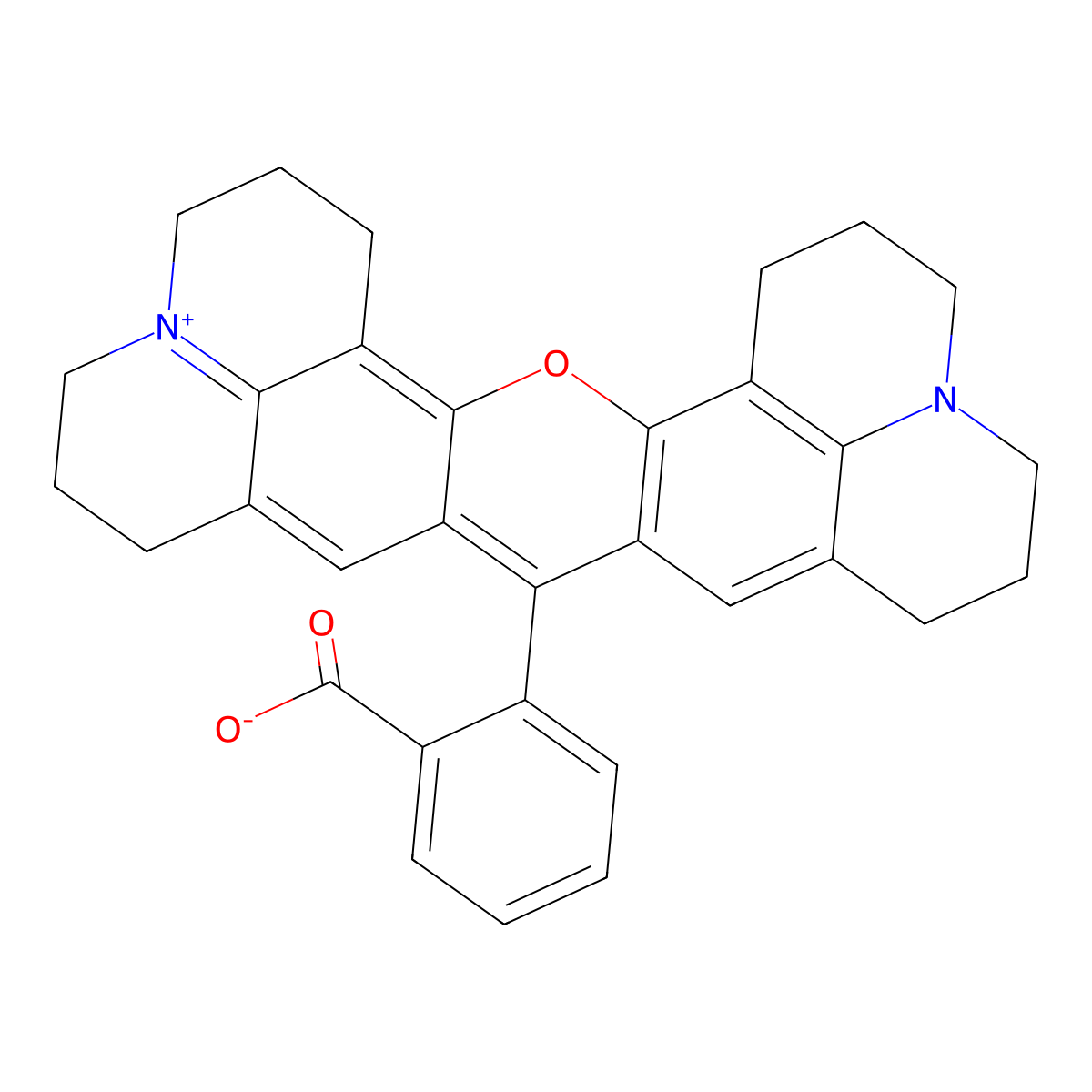 2-(2,3,6,7,12,13,16,17-Octahydro-1H,5H,11H,15H-pyrido(3,2,1-ij)pyrido(1'',2'',3'':1',8')quinolino(6',5':5,6)pyrano(2,3-f)quinolin-18-ium-9-yl)benzoate molecular structure, CAS 41175-43-3