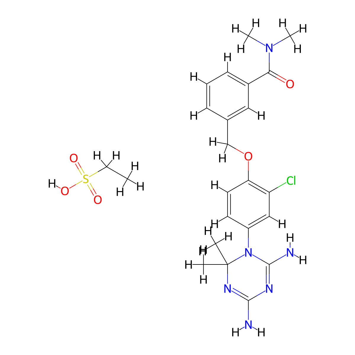 Ethanesulfonic acid, compd. with 3-((2-chloro-4-(4,6-diamino-2,2-dimethyl-1,3,5-triazin-1(2H)-yl)phenoxy)methyl)-N,N-dimethylbenzamide (1:1) molecular structure, CAS 41191-04-2
