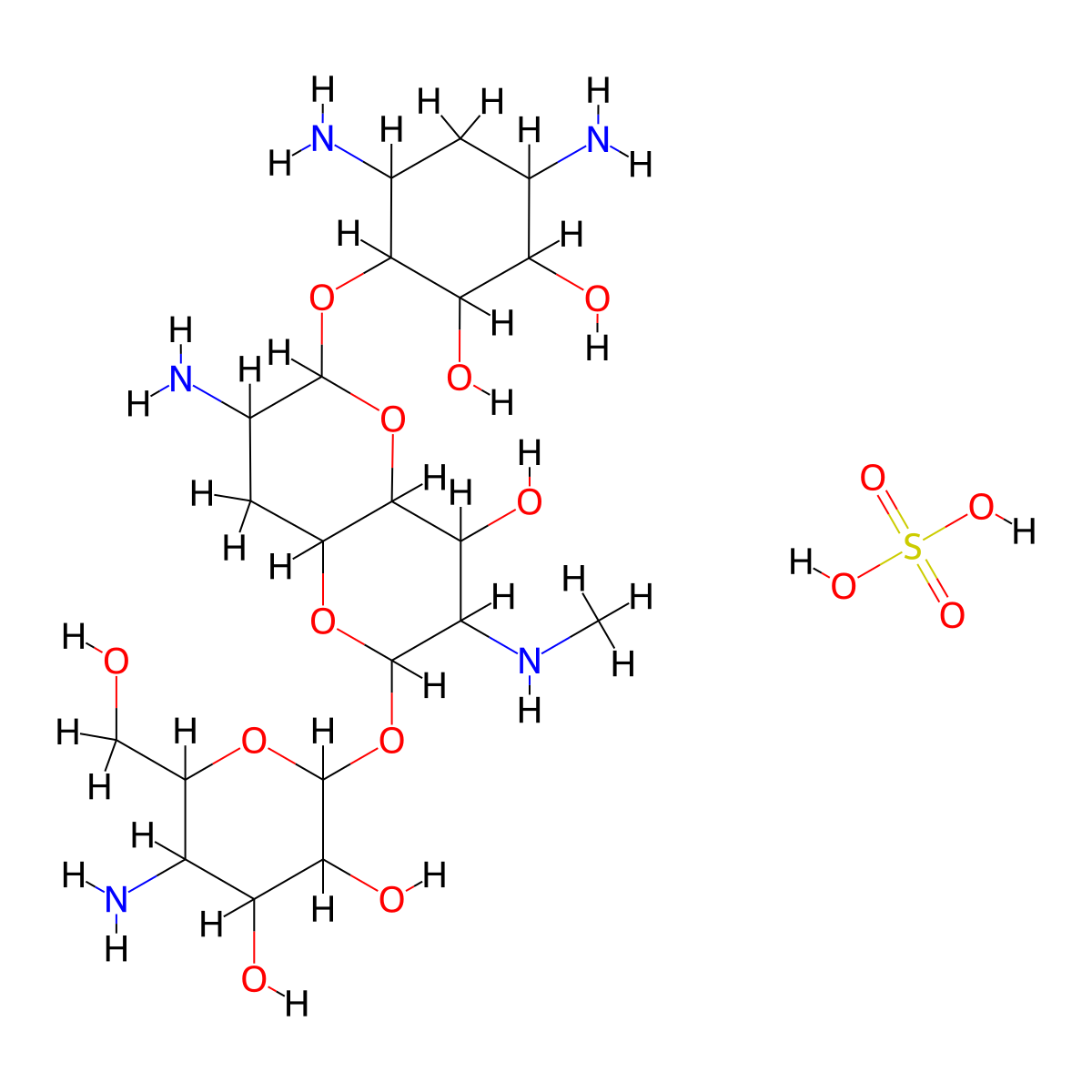 4-O-((2R,3R,4aS,6R,7S,8R,8aR)-3-amino-6-(4-amino-4-deoxy-alpha-D-glucopyranosyloxy)-8-hydroxy-7-methylaminoperhydropyrano(3,2-b)pyran-2-yl)-2-deoxystreptamine, sulphate molecular structure, CAS 41194-16-5