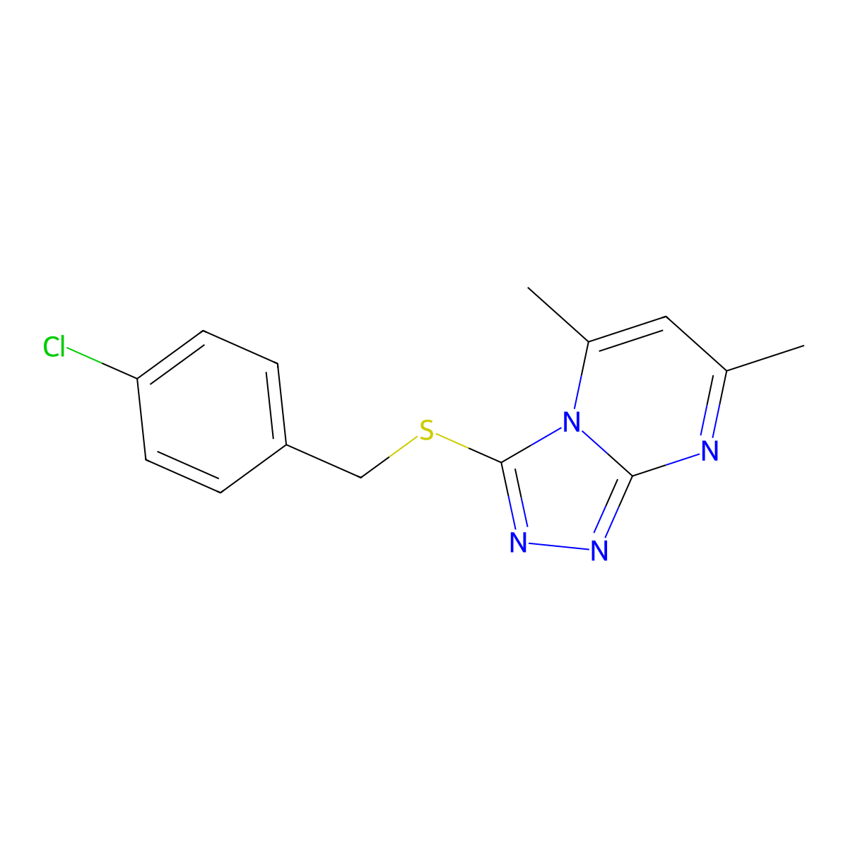 3-[(4-Chlorobenzyl)thio]-5,7-dimethyl[1,2,4]triazolo[4,3-a]pyrimidine molecular structure, CAS 41266-74-4