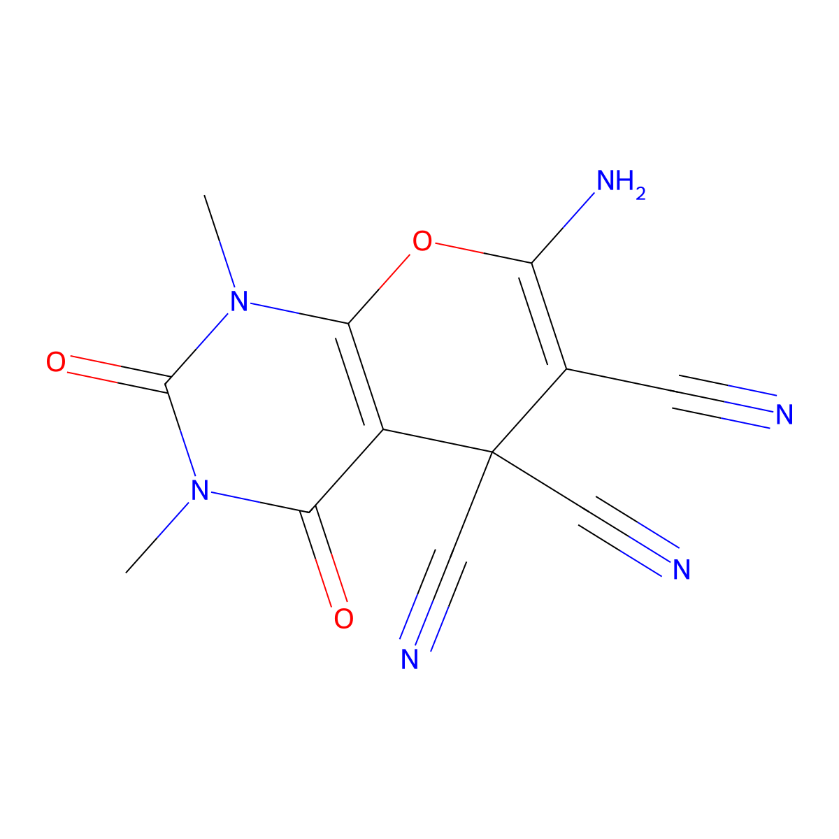 7-amino-1,3-dimethyl-2,4-dioxo-1,2,3,4-tetrahydro-5H-pyrano[2,3-d]pyrimidine-5,5,6-tricarbonitrile molecular structure, CAS 41278-83-5