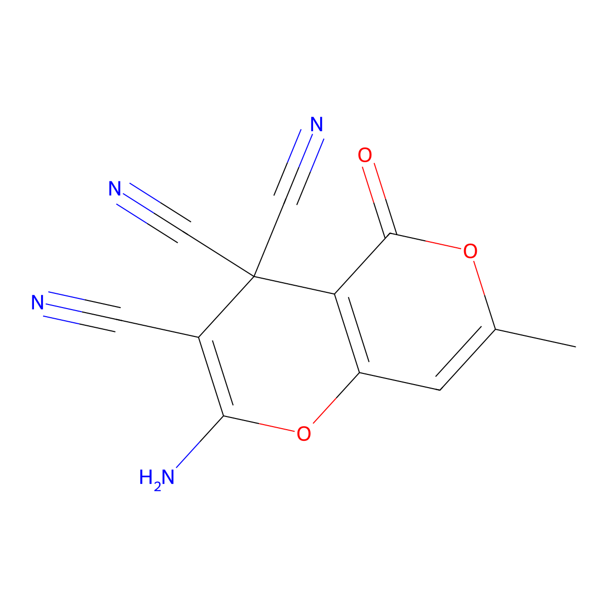 2-amino-7-methyl-5-oxo-4H,5H-pyrano[4,3-b]pyran-3,4,4-tricarbonitrile molecular structure, CAS 41278-96-0