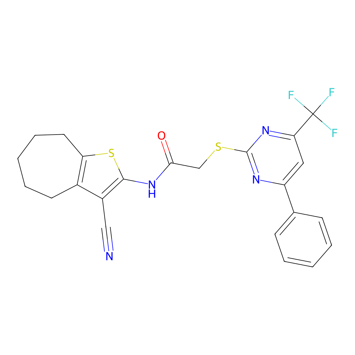 N-(3-cyano-5,6,7,8-tetrahydro-4H-cyclohepta[b]thiophen-2-yl)-2-[4-phenyl-6-(trifluoromethyl)pyrimidin-2-yl]sulfanylacetamide molecular structure, CAS 412922-96-4