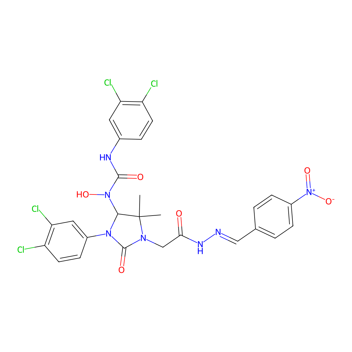 3-(3,4-Dichlorophenyl)-4-[[[(3,4-dichlorophenyl)amino]carbonyl]hydroxyamino]-5,5-dimethyl-2-oxo-1-imidazolidineacetic acid 2-[(4-nitrophenyl)methylene]hydrazide molecular structure, CAS 412960-55-5