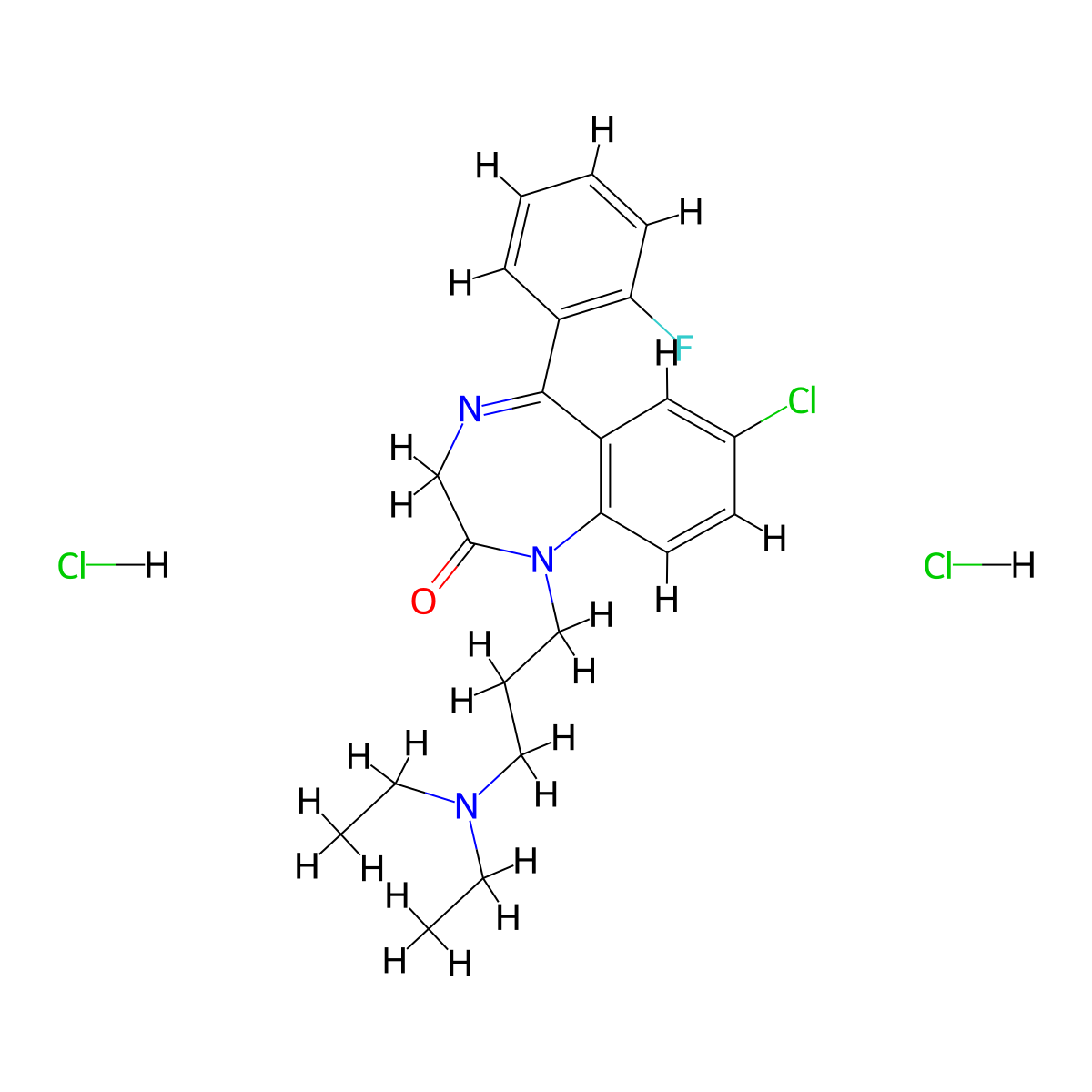 2H-1,4-Benzodiazepin-2-one, 1,3-dihydro-7-chloro-1-(3-(diethylamino)propyl)-5-(o-fluorophenyl)-, dihydrochloride molecular structure, CAS 4130-75-0