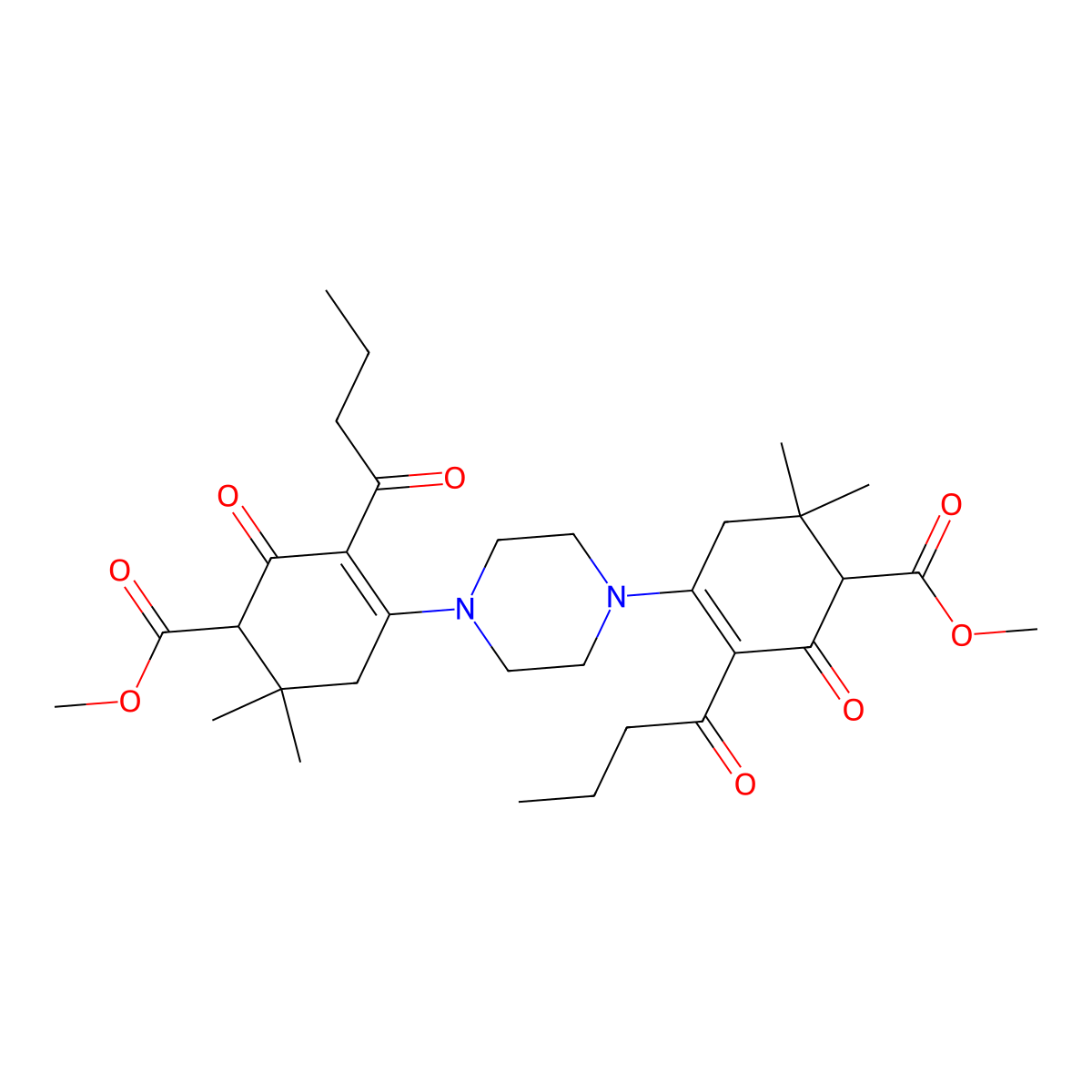 Methyl 3-butanoyl-4-[4-(2-butanoyl-4-methoxycarbonyl-5,5-dimethyl-3-oxocyclohexen-1-yl)piperazin-1-yl]-6,6-dimethyl-2-oxocyclohex-3-ene-1-carboxylate molecular structure, CAS 413594-11-3