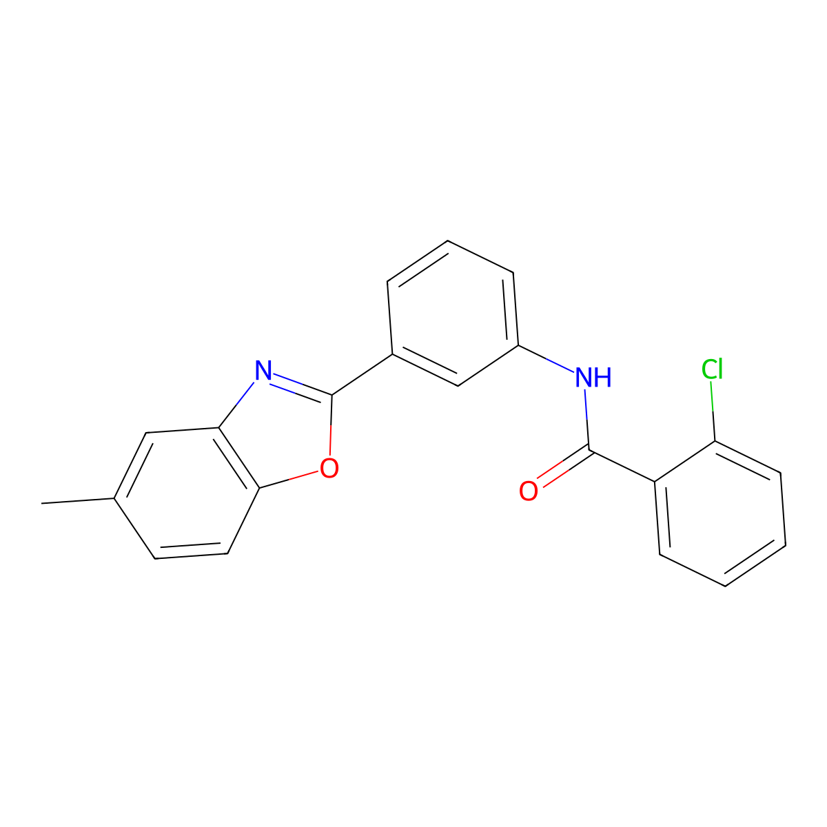 2-chloro-N-[3-(5-methyl-1,3-benzoxazol-2-yl)phenyl]benzamide molecular structure, CAS 413617-24-0