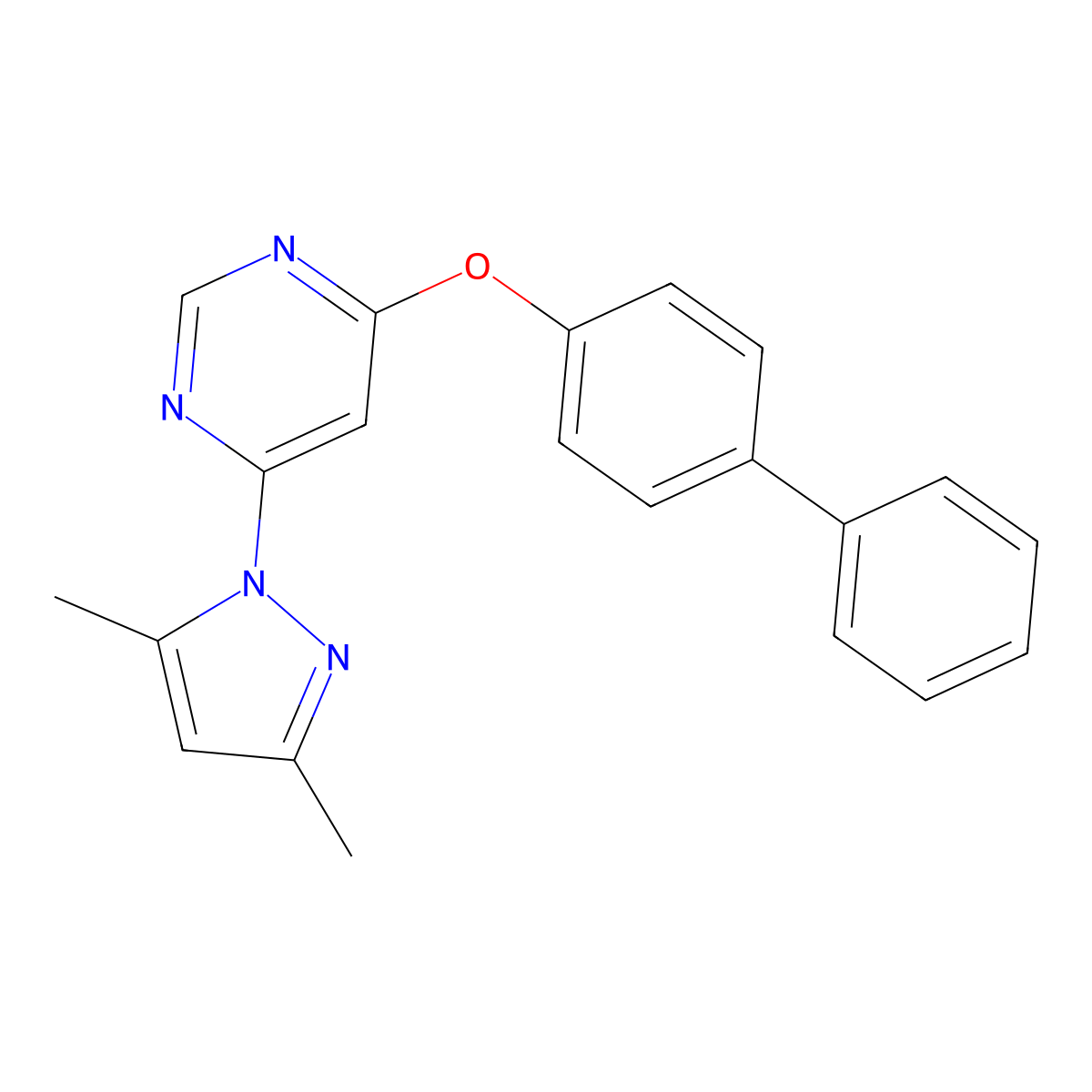 Pyrimidine, 4-([1,1'-biphenyl]-4-yloxy)-6-(3,5-dimethyl-1H-pyrazol-1-yl)- molecular structure, CAS 413620-31-2