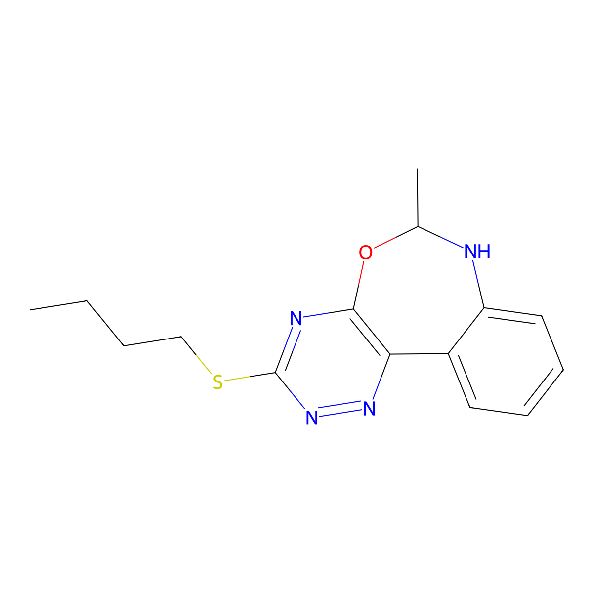 Butyl 6-methyl-6,7-dihydro[1,2,4]triazino[5,6-d][3,1]benzoxazepin-3-yl sulfide molecular structure, CAS 41383-92-0