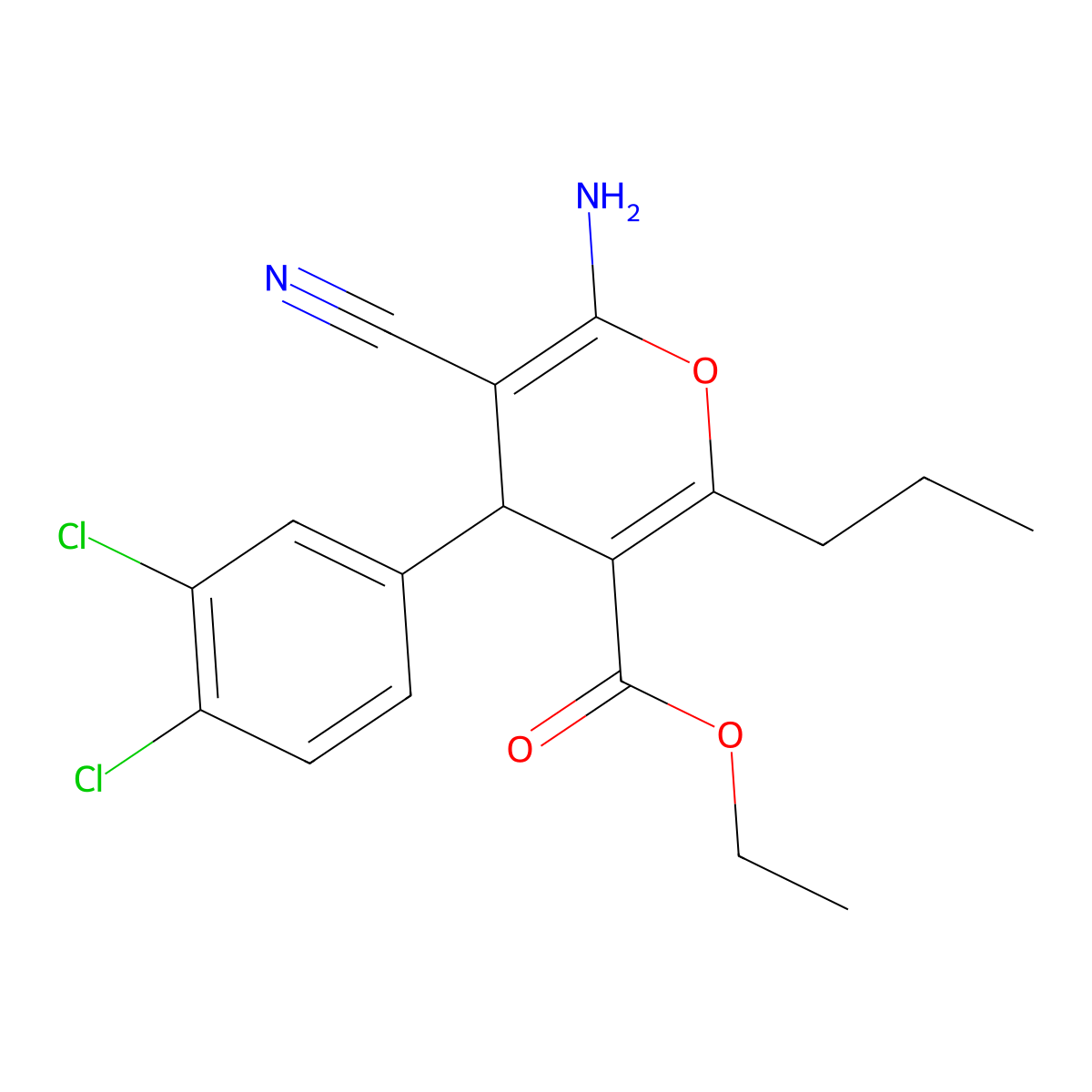 ethyl 6-amino-5-cyano-4-(3,4-dichlorophenyl)-2-propyl-4H-pyran-3-carboxylate molecular structure, CAS 414898-42-3
